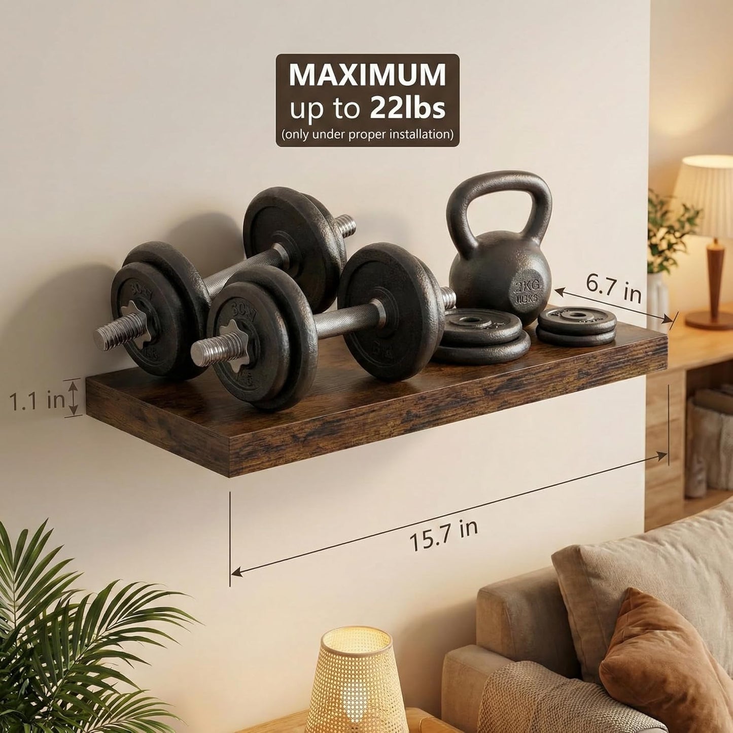 16 Inch Oak Floating Shelves Set of 3, Brown Wall Mounted Shelves with Hidden Brackets, Thin Floating Shelves for Wall Decor, Kitchen Bathroom Bedroom Office