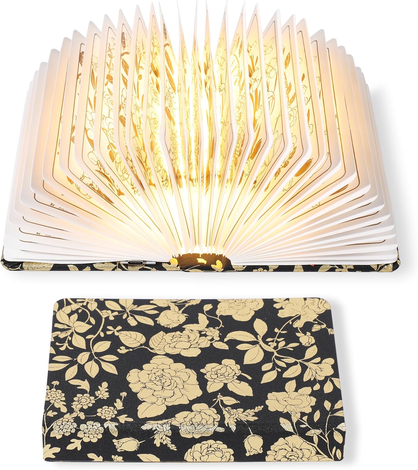 Floral Print Book Light,3-Color Book Lamp Book Lovers Gifts | 1200mAh Portable Foldable Paper Desk Lamp | Night Reading Bookshelf Lamp,Valentine Ambient Lighting Decorations Gifts(Black Gold)