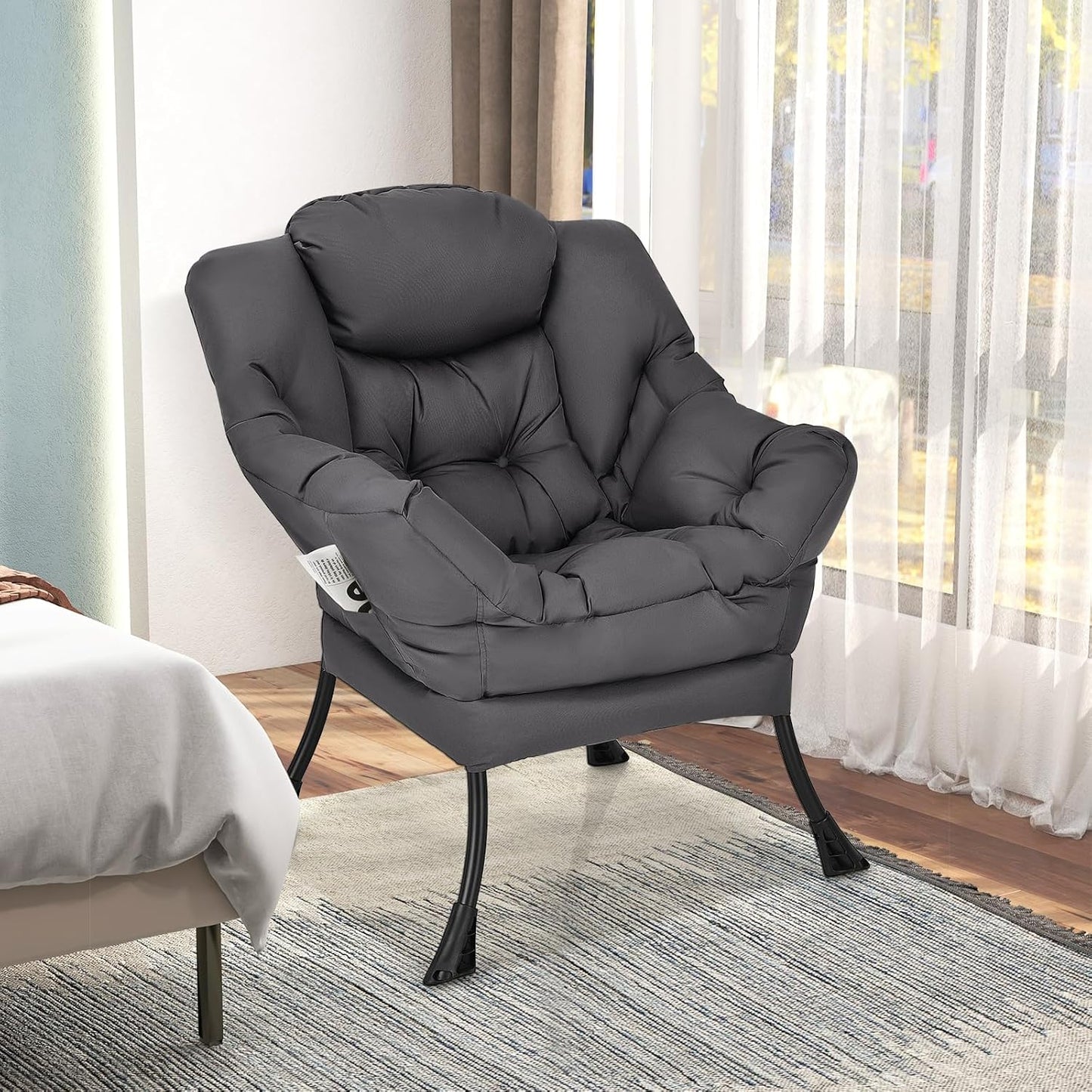 GORELAX Modern Lazy Chair,Upholstered Lounge Accent Chair, Single Leisure Sofa Chair with Armrests & Side Pocket, Comfy Reading Chair for Bedroom, Living Room, Dorm Room (Grey)