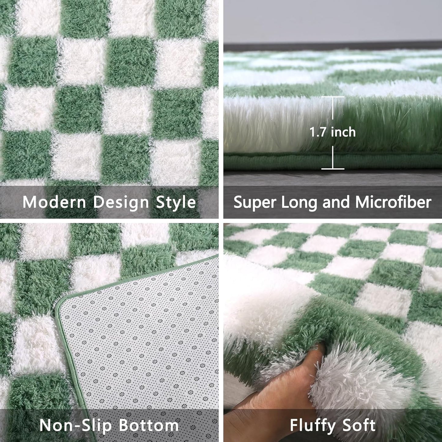 Rugs for Bedroom Living Room, 4x6 ft Sage Green and White Checkered Area Rug, Fluffy Soft Washable Carpet, Modern Non-Slip Shag Carpets for Boys Girls Nursery Home Aesthetic Decor