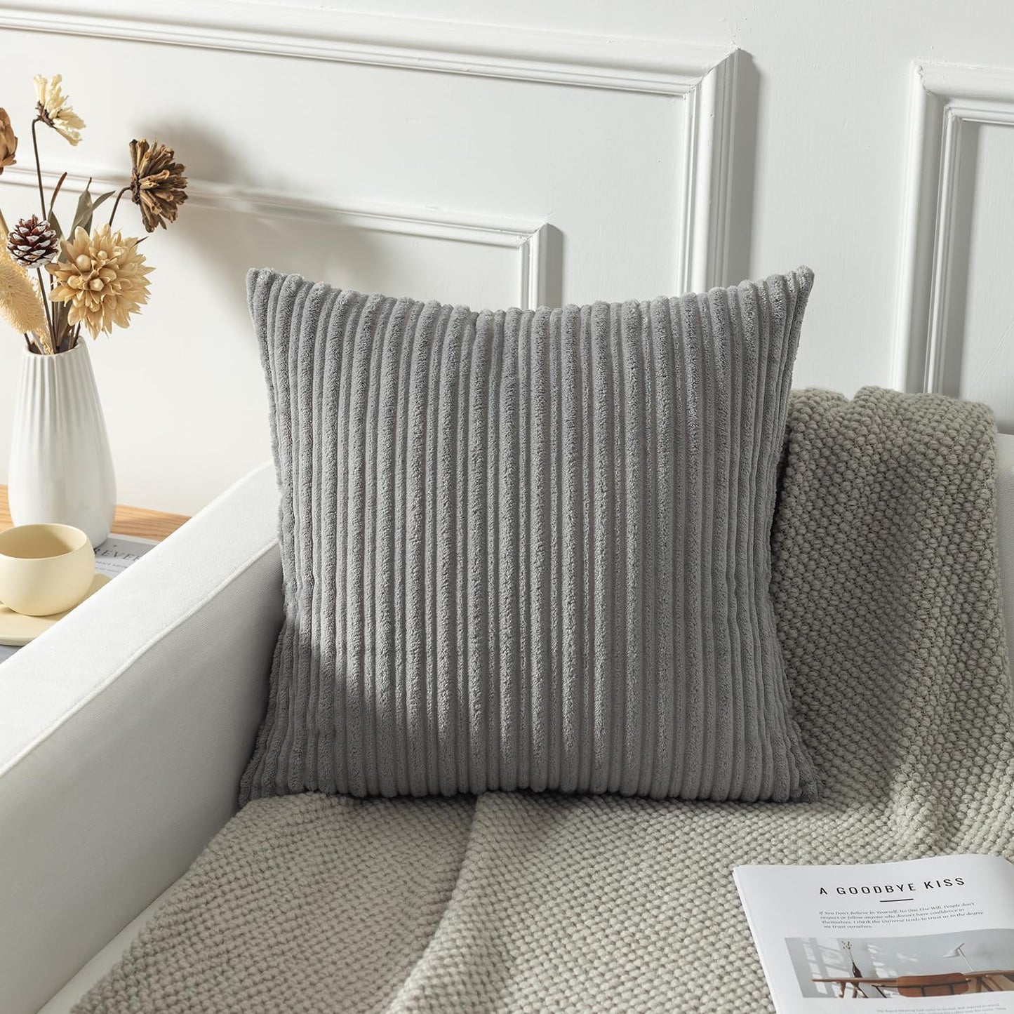 Kevin Textile Decorative Pillow Covers Decor Supersoft Striped Velvet Throw Toss Pillowcase Cushion Cover for Chair, Light Grey, (45x45 cm, 18inch), 2 Pieces