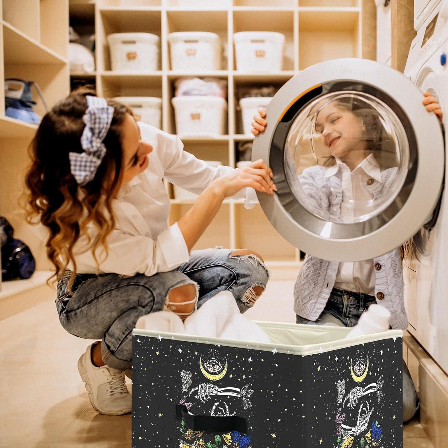 Knibeo Gothic Skull Mushroom Moon Fabric Storage Bins for Shelves Closet, Skeleton Butterfly Tarot Gothic Aesthetic Collapsible Cube Baskets Organizer for Clothes Books Toys