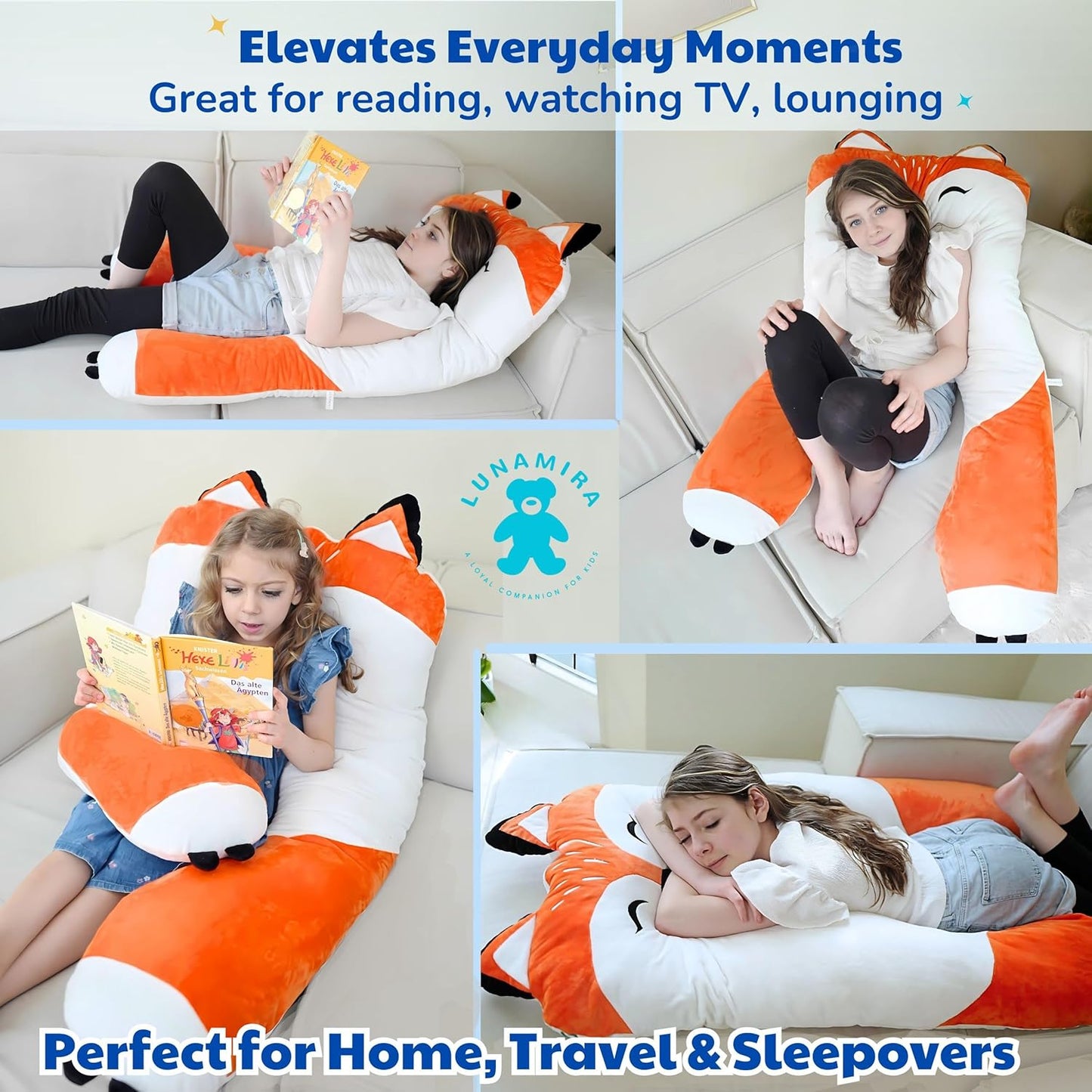 LUNAMIRA Fox Kids Body Pillow - 47" U-Shape Long Plush Soft Animal Pillow for Kids, Sleeping, Reading, ADHD & Special Needs Comfort, Anxiety, Washable Cover, Snuggle Fun Cuddle Gift for Boys & Girls