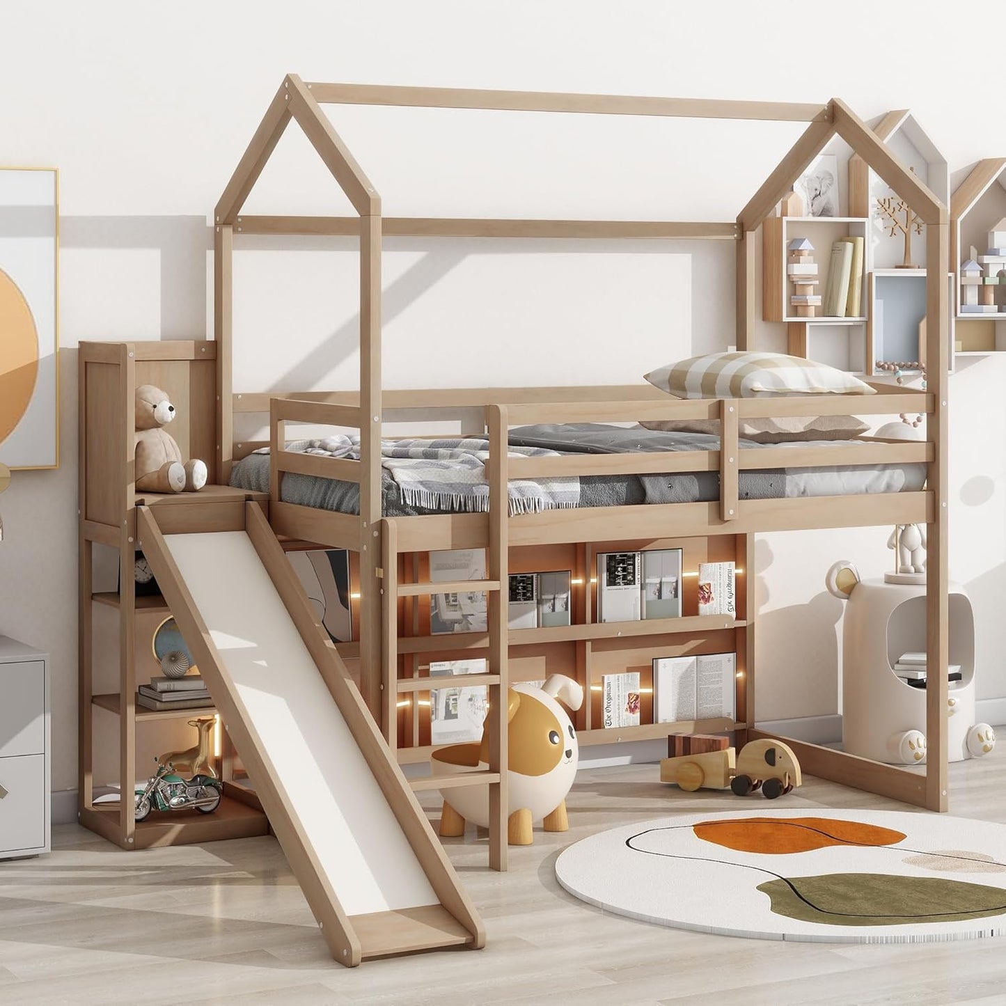 Modern Style 96.1" L Twin Size Wood Frame Loft House-Shape Bed,with Slide, Storage Shelves and Light, Climbing Ramp, Wood Color,1pcs