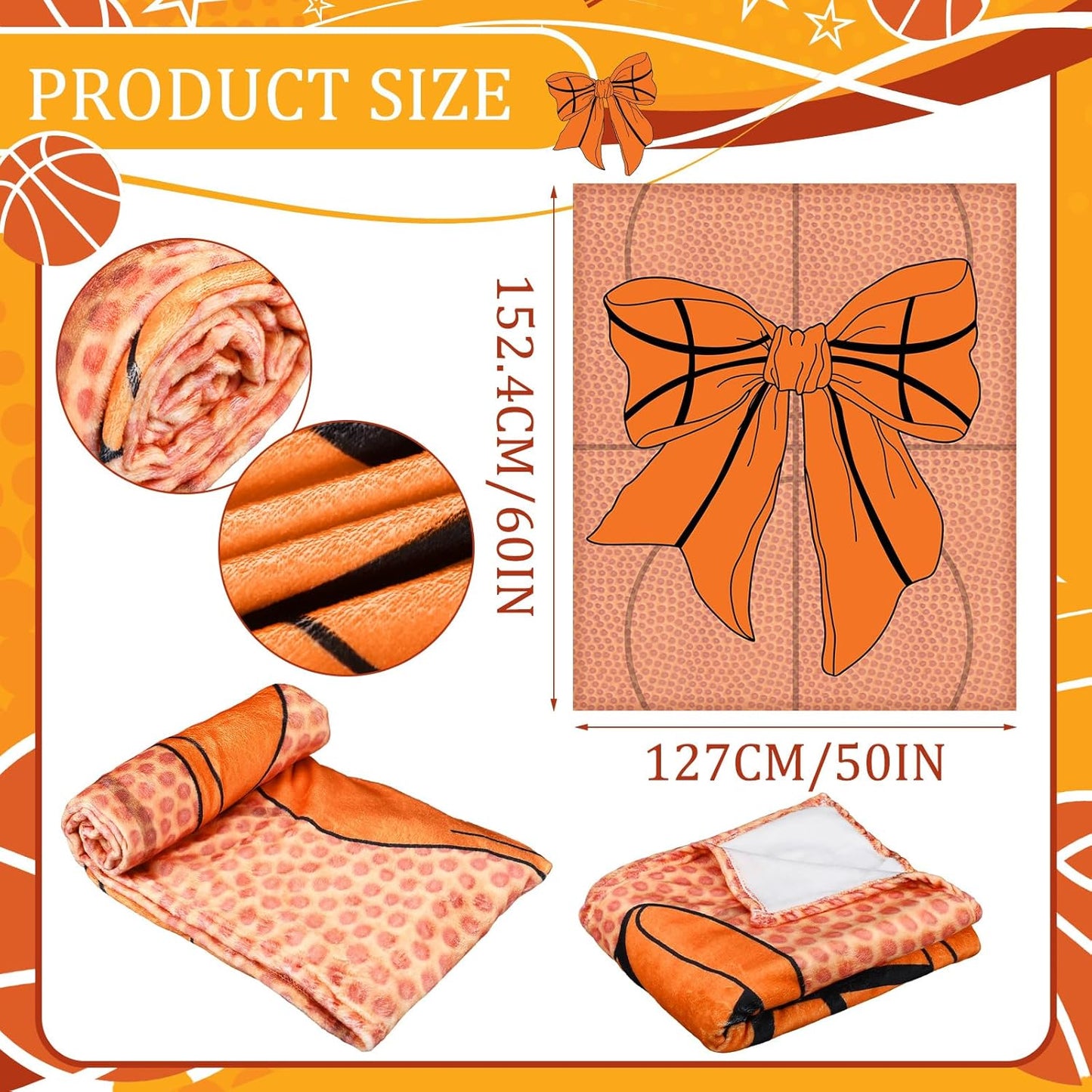 Basketball Bow Blanket for Gifts Girls Sport Lover 50" x 60" Coquette Basketball Throw Blanket Orange Bow Flannel Soft Warm for Fans Team Ball Lover Player Game