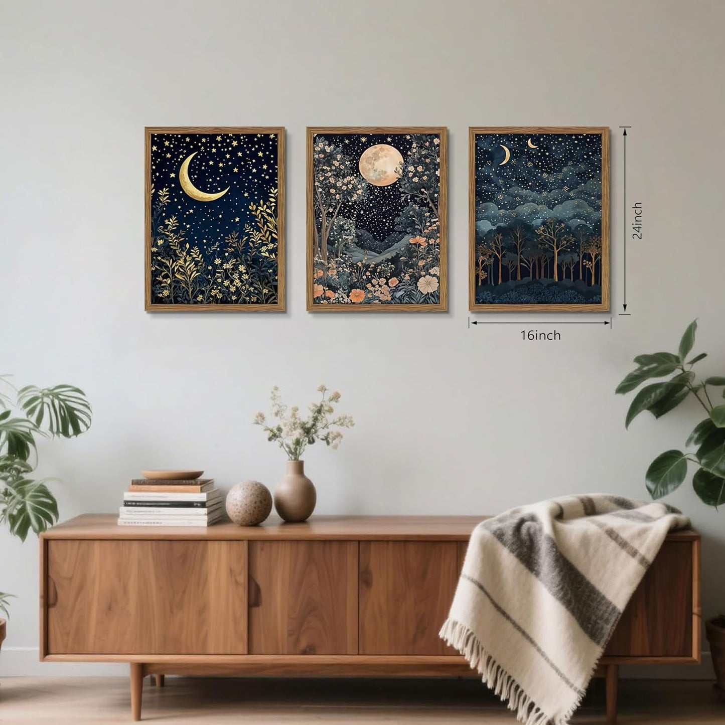 Framed Vintage Botanical Wall Art Set of 3, Nature Moon Night Sky Floral Canvas Prints, Forest Scenery Picture Painting, William Morris Farmhouse Wall Decor for Living Room Bedroom 16x24 inch