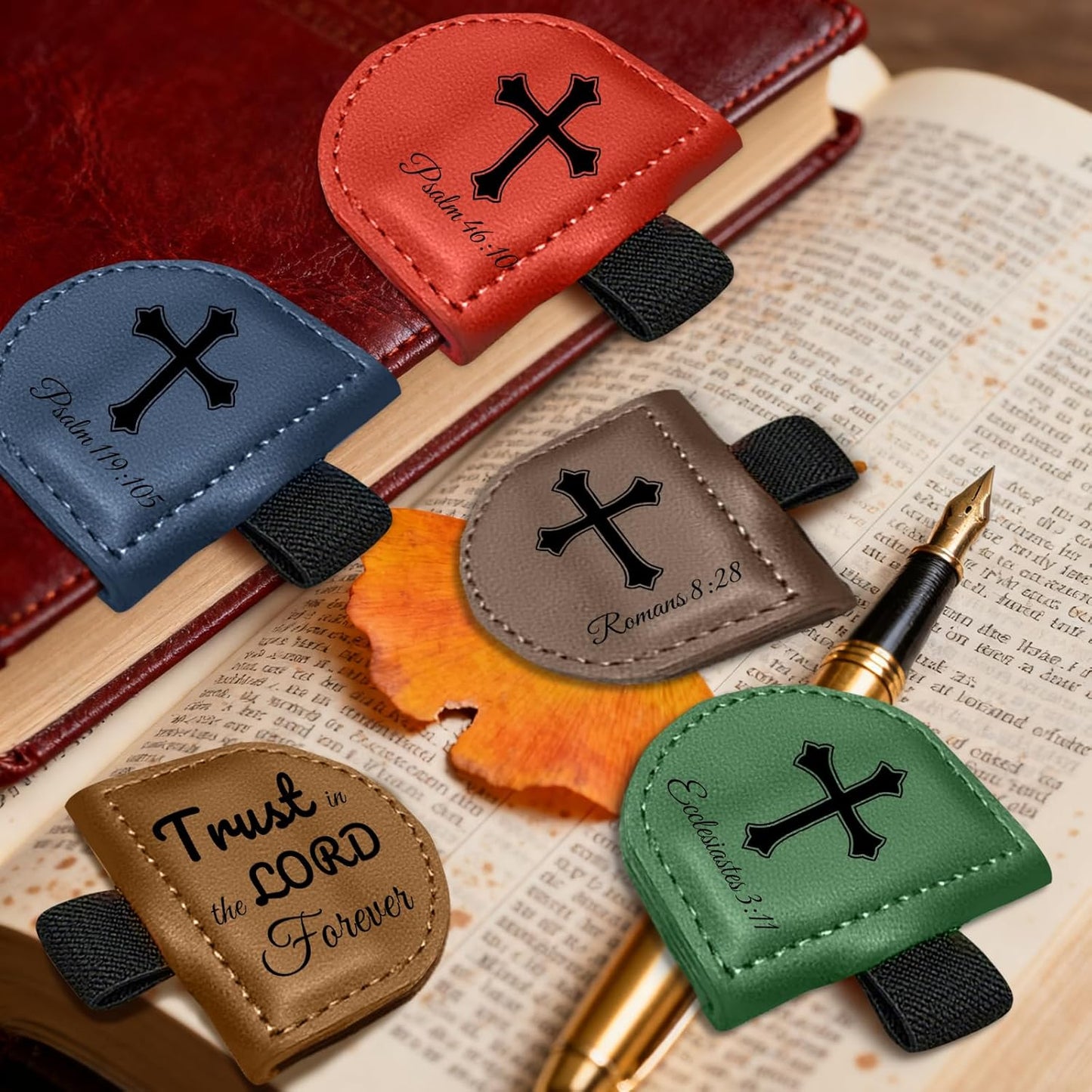 Bygone Mark Personalized Leather Bookmark with Pen Holder - Magnetic Bible Verse Design, Inspirational Gifts for Men and Women, Christian Book Lovers Reading Accessory (Brown-Psalm 119：105)