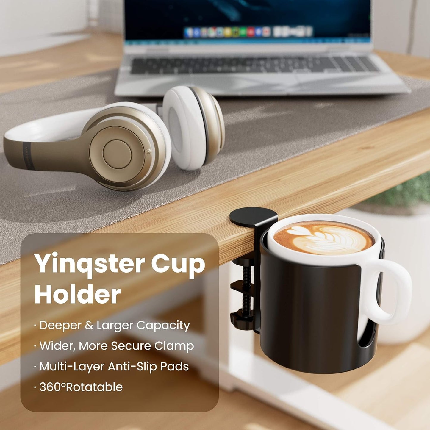 Yinqster 360° Deep Desk Cup Holder with Extra Wide Clamp, Anti-Spill Clip on Cup Holder for Desk, Rotating Table Mug Holder for Office & Gaming Accessories to Hold Stanley YETI Bottles, Bottle Racks
