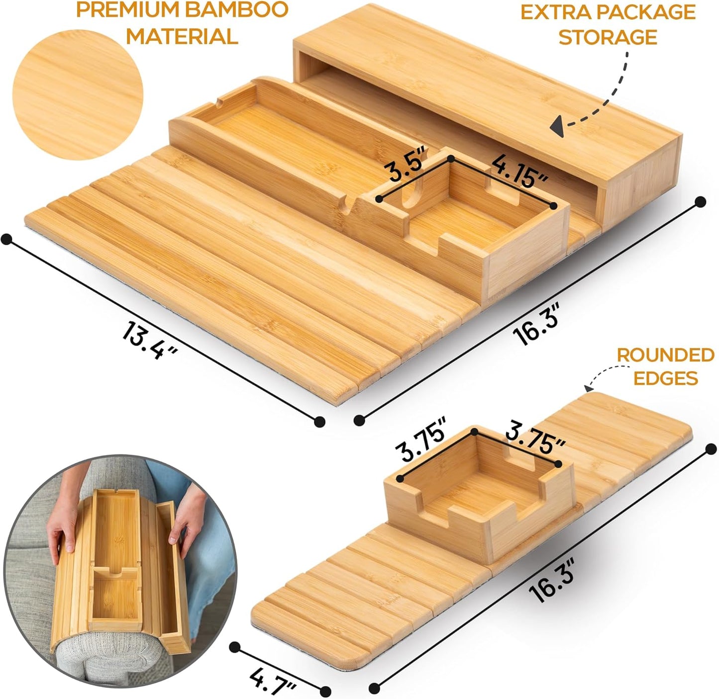 Bamboo Couch Arm Set – 1 Large with Side Pocket + 1 Small – Sofa Cup Holder for Remote & Phone – Non-Slip Fit for Armrests 4.5"–8.5" Wide