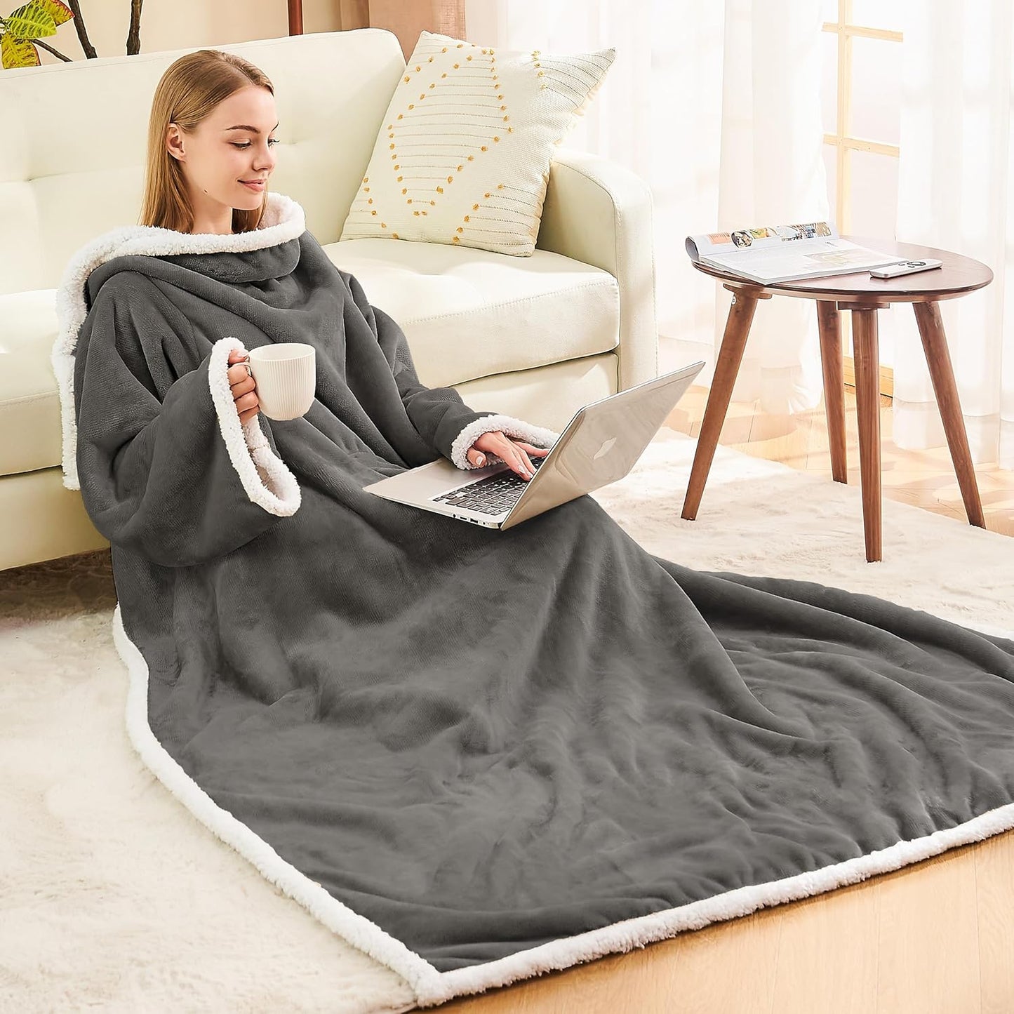 Ramees Sherpa Wearable Blanket with Sleeves and Pockets, Soft Warm TV Blanket Throw for Men and Women