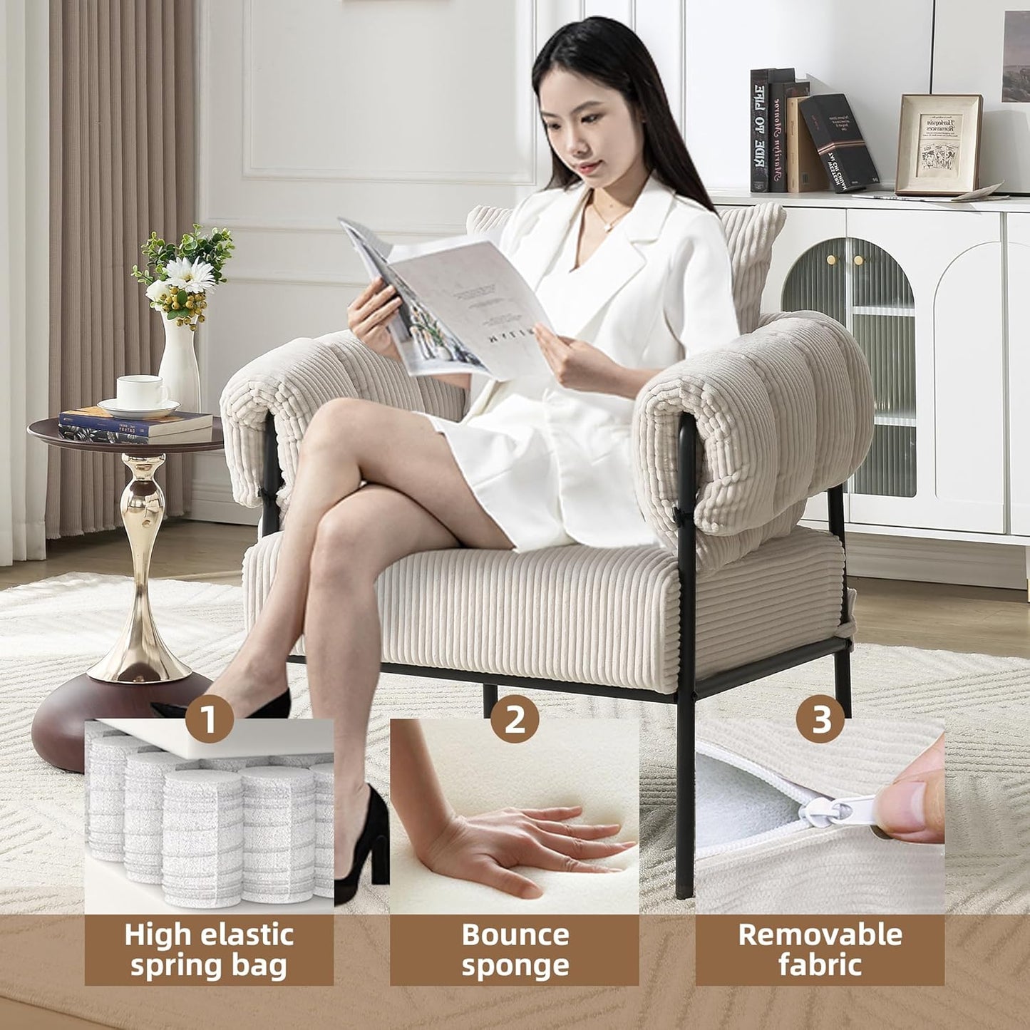 Modern Velvet Accent Chairs Set of 1, Comfy Large Living Room Sofa Chair, Upholstered Fabric Armchair with Pillow and Metal Legs for Office/Bedroom/Reading Beige