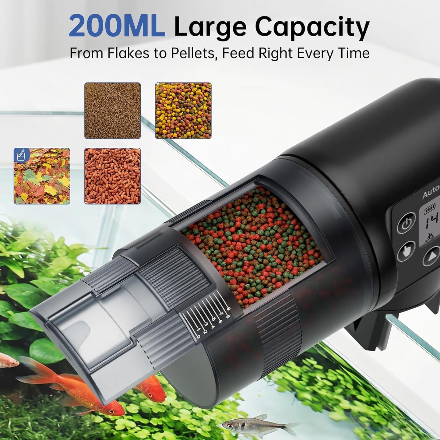 AQQA Automatic Fish Feeder for Aquarium Vacation, 200ML Large Capacity Moisture-Proof Auto Food Dispenser with LCD Timer, Battery Powered Feeder for Small Tank, Betta Fish, Turtle, Koi