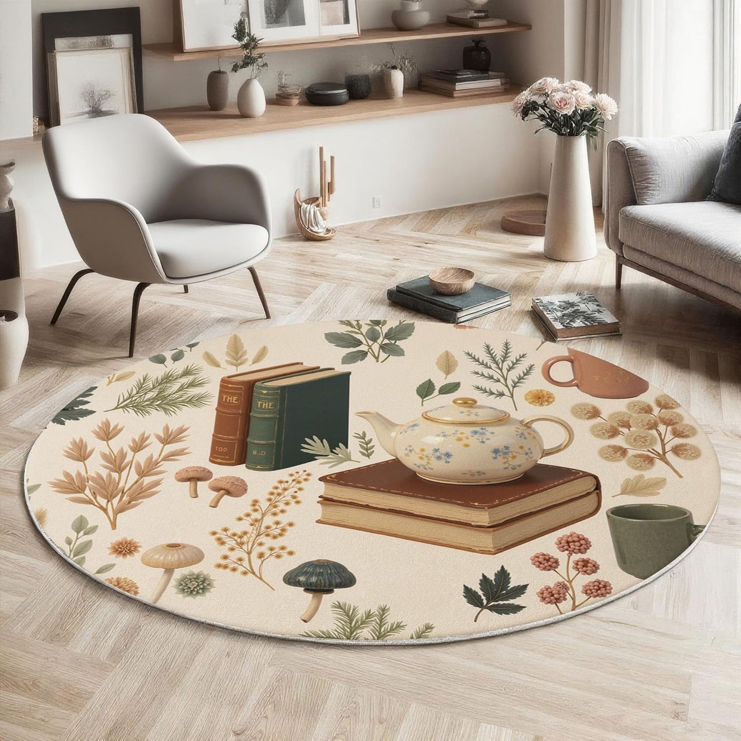 Modern Round Area Rug for Living Room, 5.25Ft Washable Round Rug Cream Color Vintage Teapot Books Circle Rugs for Dining Room Table, Country-Style Illustration Small Circular Floor Carpet for Bedroom