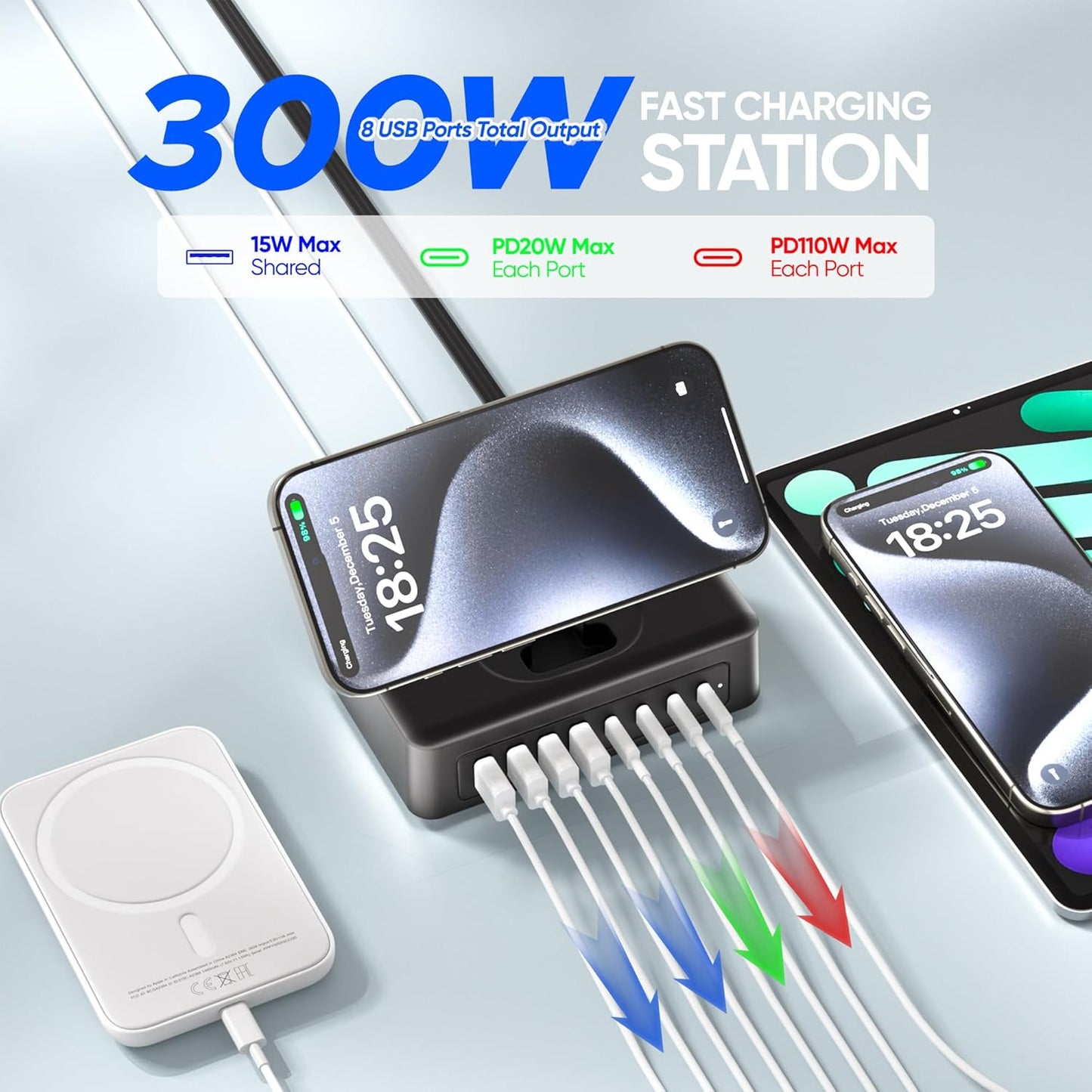 300W USB Charging Station, 11-in-1 USB C Power Strip Surge Protector, 2AC Outlets & 8USB Ports, 5ft Flat Plug Extension Cord with Multiple Devices, Desktop Charger for Home Office Desk Accessories