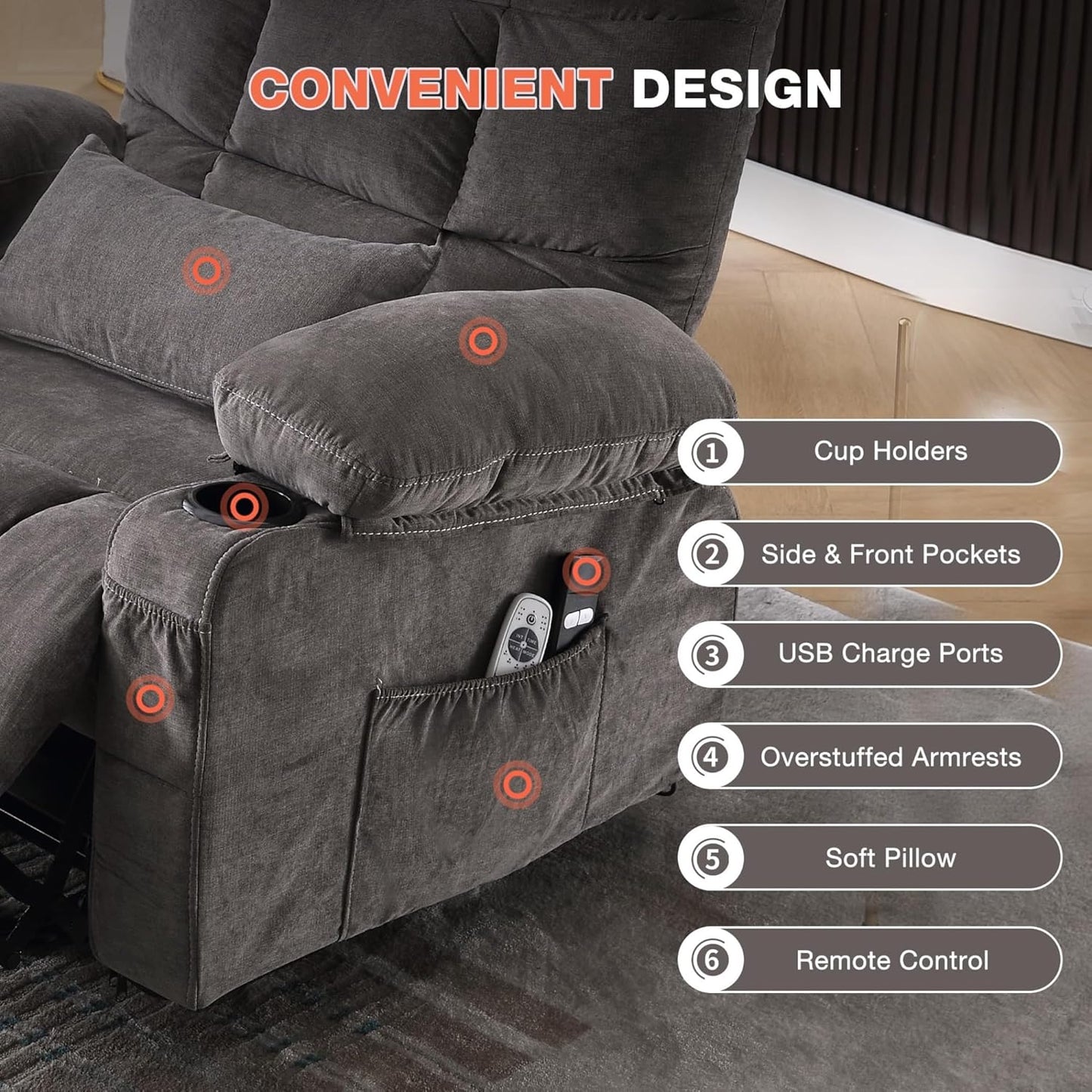 Electric Lift Recliner Chair for Seniors with Heated Lumbar & Full-Body Vibration Massage, Single Power Reclining Sofa with USB Charging, Dual Cup Holders, Side Storage Pocket, and Ergonomic