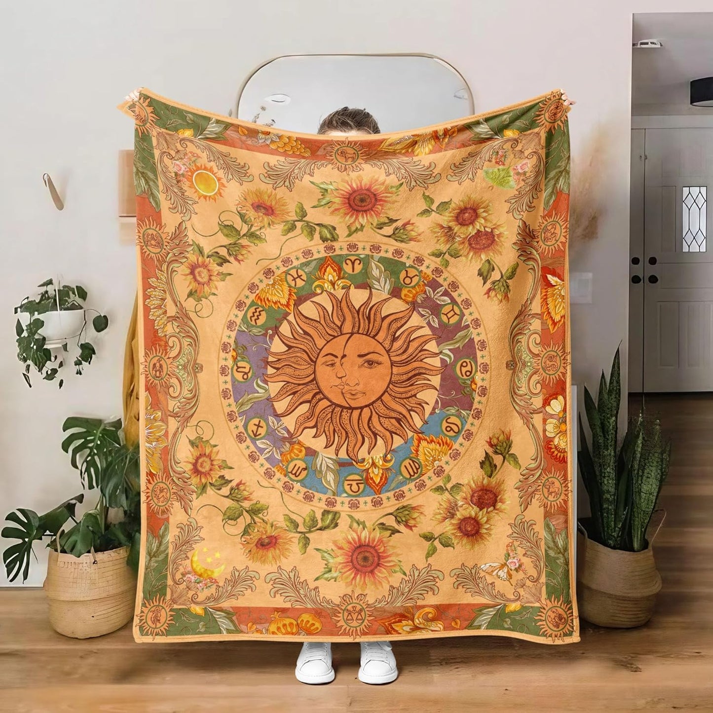 Leeisysme Orange Sun and Moon Fleece Throw Blanket, 70s Vintage Boho Sunflowers Constellation Cozy Decor Nap Blankets for Sofa Bed Couch Chair or Dorm Throws 50×60 inches