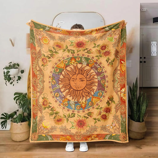 Leeisysme Orange Sun and Moon Fleece Throw Blanket, 70s Vintage Boho Sunflowers Constellation Cozy Decor Nap Blankets for Sofa Bed Couch Chair or Dorm Throws 50×60 inches