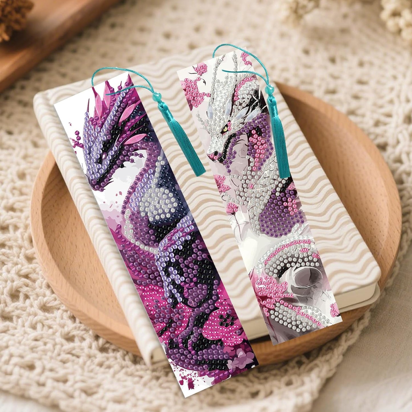 beinkmake 8Pcs Dragon Diamond Art Bookmarks Books Diamond DIY Painting Bookmarks Anime Dragons Rhinestones Beaded Acrylic Tassel Bookmark for Adult Beginner Crafts