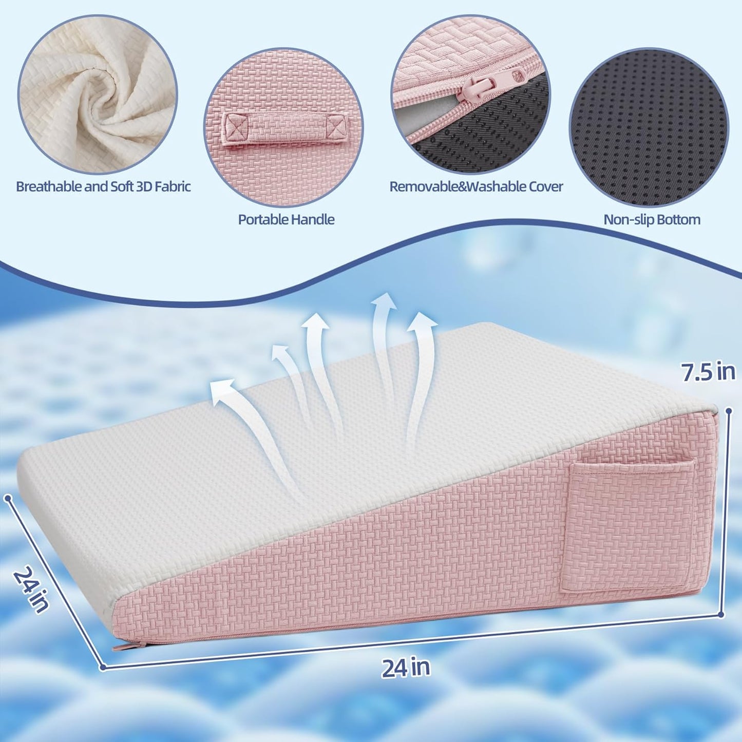 Wedge Pillow for Headboard, 7.5’’ Triangle Elevated Bed Wedge Pillow for Acid Reflux Relief, Sleeping, Post Surgery, Back Pain Relief, Snoring, Soft Memory Foam Top & Washable Breathable Cover, Pink