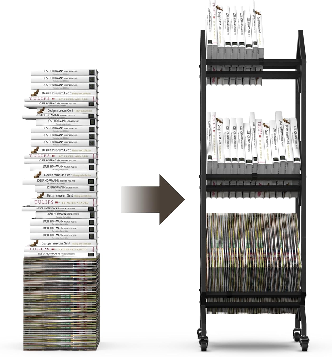 Bookshelf Book Cart Rack Industrial Metal Bookcase 3 Tier Holder with Wheels Modern Stylish Design Magazines Files Album Recipe Book Storage Organizer for Sofa End Bed Beside (3 Tier)