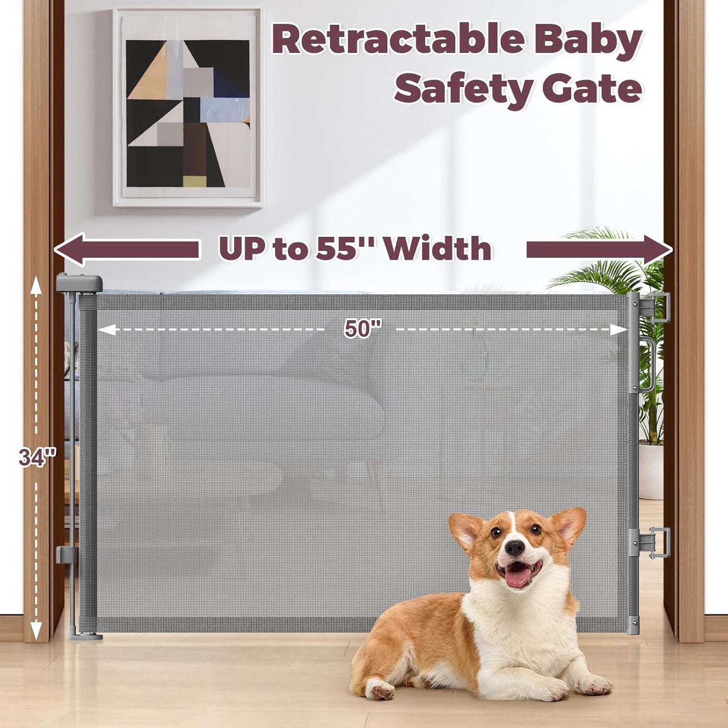 Retractable Baby Gate for Stairs, 55" Wide Mesh Dog Gate Indoor, 34" Tall Child Gate for Doorways, Hallways, Deck, Indoor Outdoor Pet Baby Safety Essentials for Home, Grey