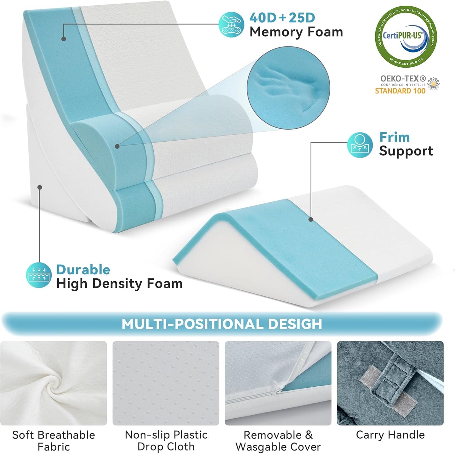 Kingfun 4PCS Orthopedic Bed Wedge Pillow Set for After Surgery, Memory Foam Support Pillow for Back, Neck and Leg Pain Relief, Adjustable Triangle Pillow - Acid Reflux, Anti Snoring & GERD