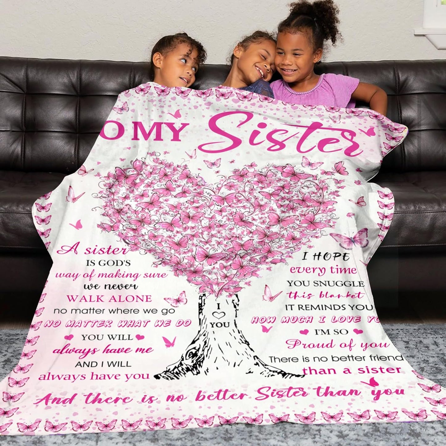 Sisters Gifts from Sister, Super Soft Funny Pink Butterfly Sisters Blanket for Little Girl, Christmas Birthday Gifts for Sister, Warm Cozy Fuzzy Plush Flannel Throw Blanket 60"x50" for Couch Bedding