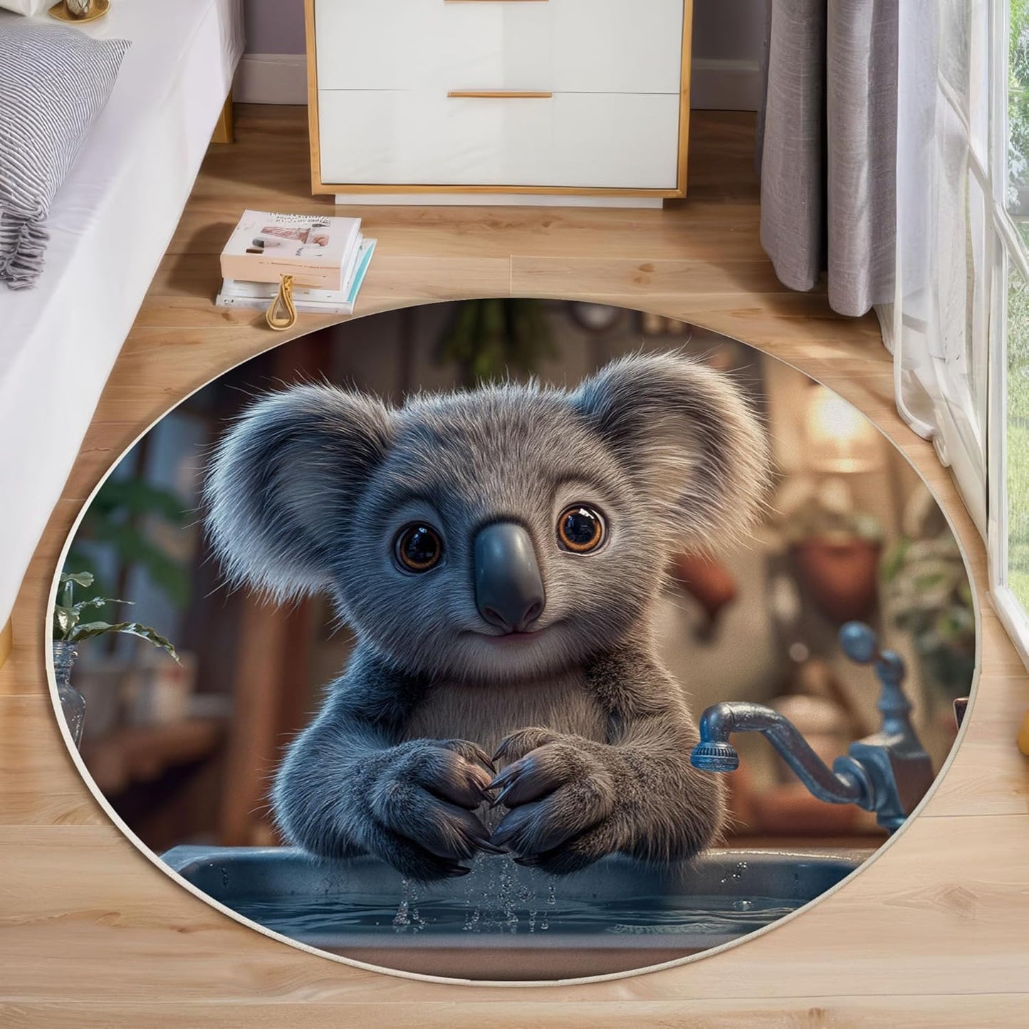 Round Rug for Kids Room, Fun Koala Pool Round Rugs 3Ft, Realistic Animal Style Circle Rug, Dark Gray Washable Circle Carpet for Living Room Bedroom, Non Slip Low Pile Thin Area Rugs