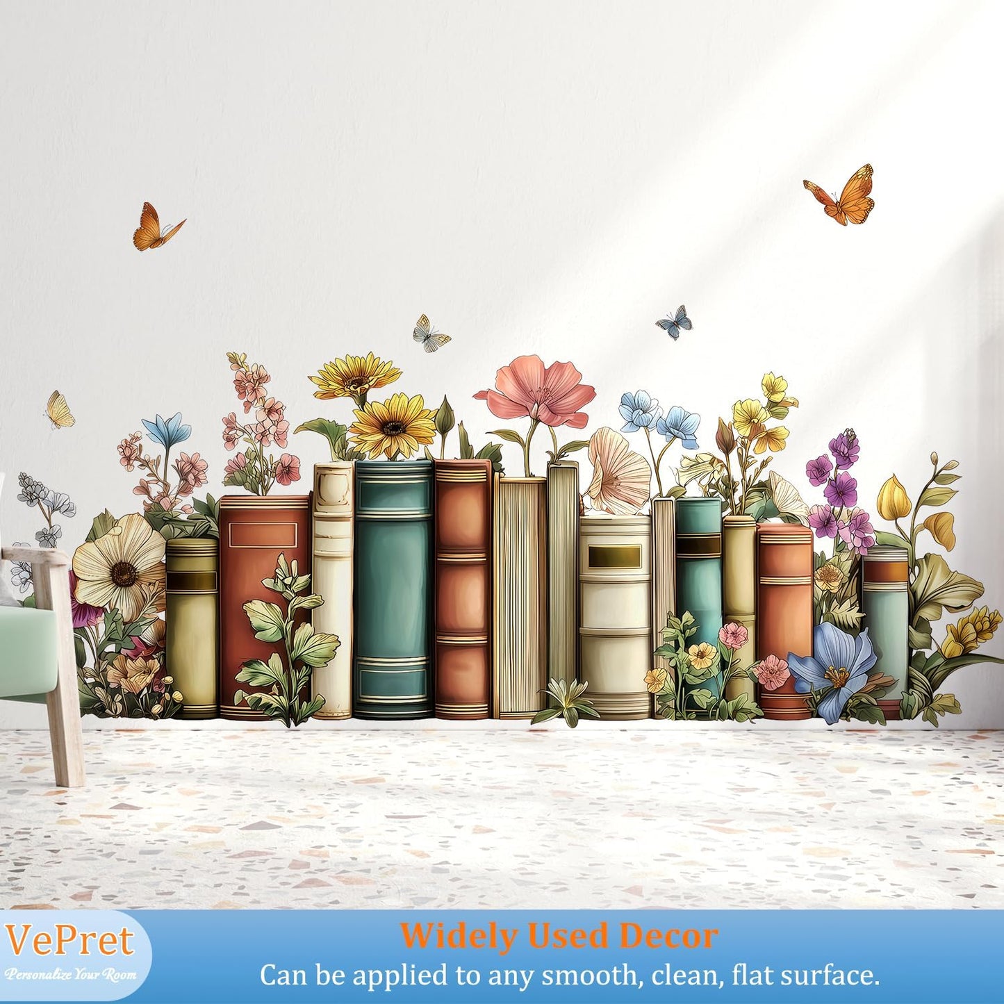 Flowers Books Wall Decals Peel and Stick, Vintage Floral Botanical Library Vinyl Wall Decor, Butterflies Removable Room Home House Wall Stickers & Murals for Bedroom Living Room Office