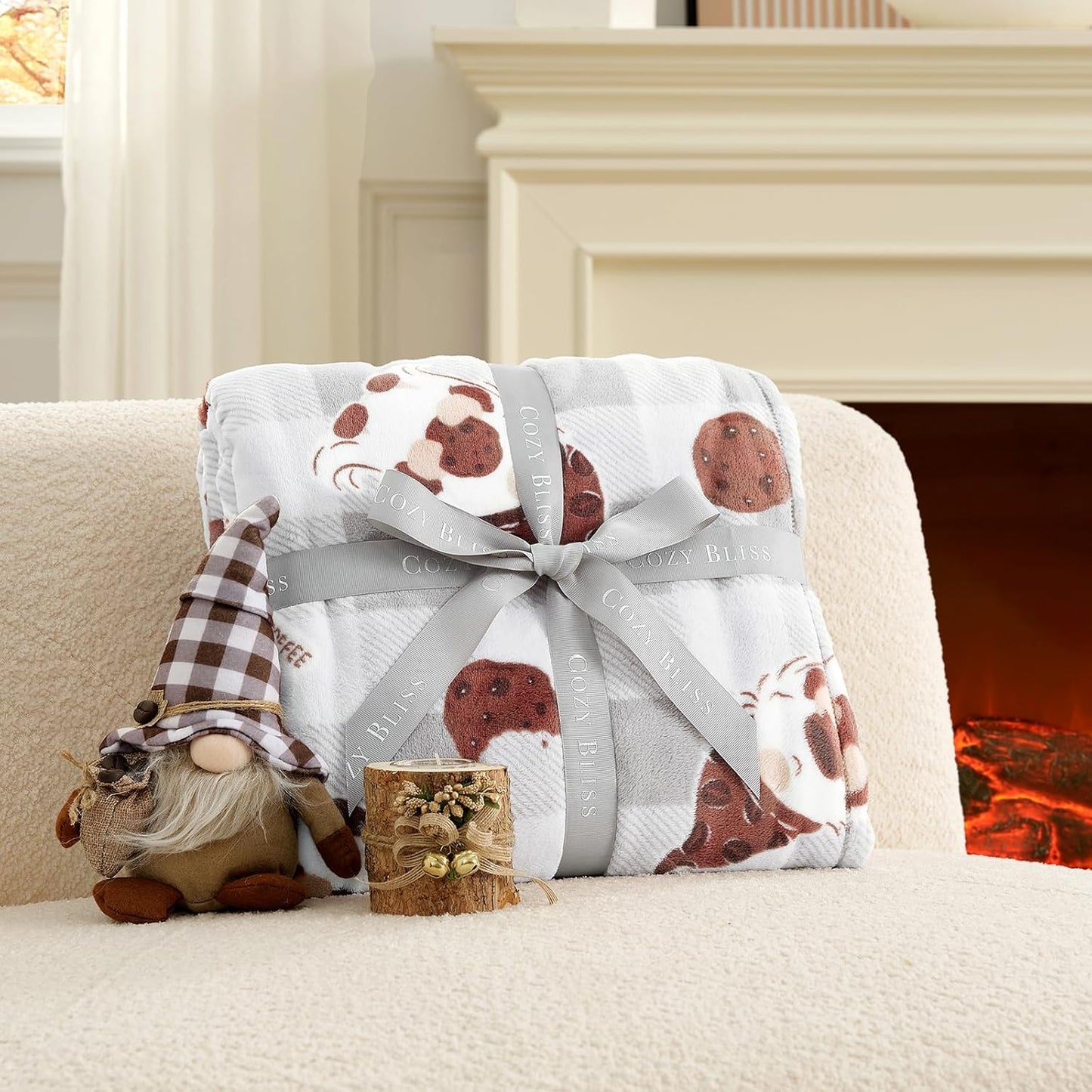 Cozy Bliss Gnome Coffee Throw Blanket - Warm MilkyPlush Throw Blankets,Ultra Soft Cozy Blankets for Couch,Sofa and Bed,Grey,60X80inches