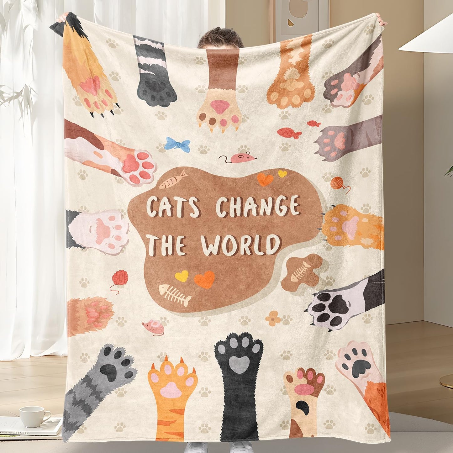 Cat Throw Blanket Gift for Cat Lover Women Children Colorful Flannel Fleece Throw Blanket Cute Cats Paw Print Cozy Fuzzy Plush Throw Blankets for Bed Chair Couch 50" X 60"