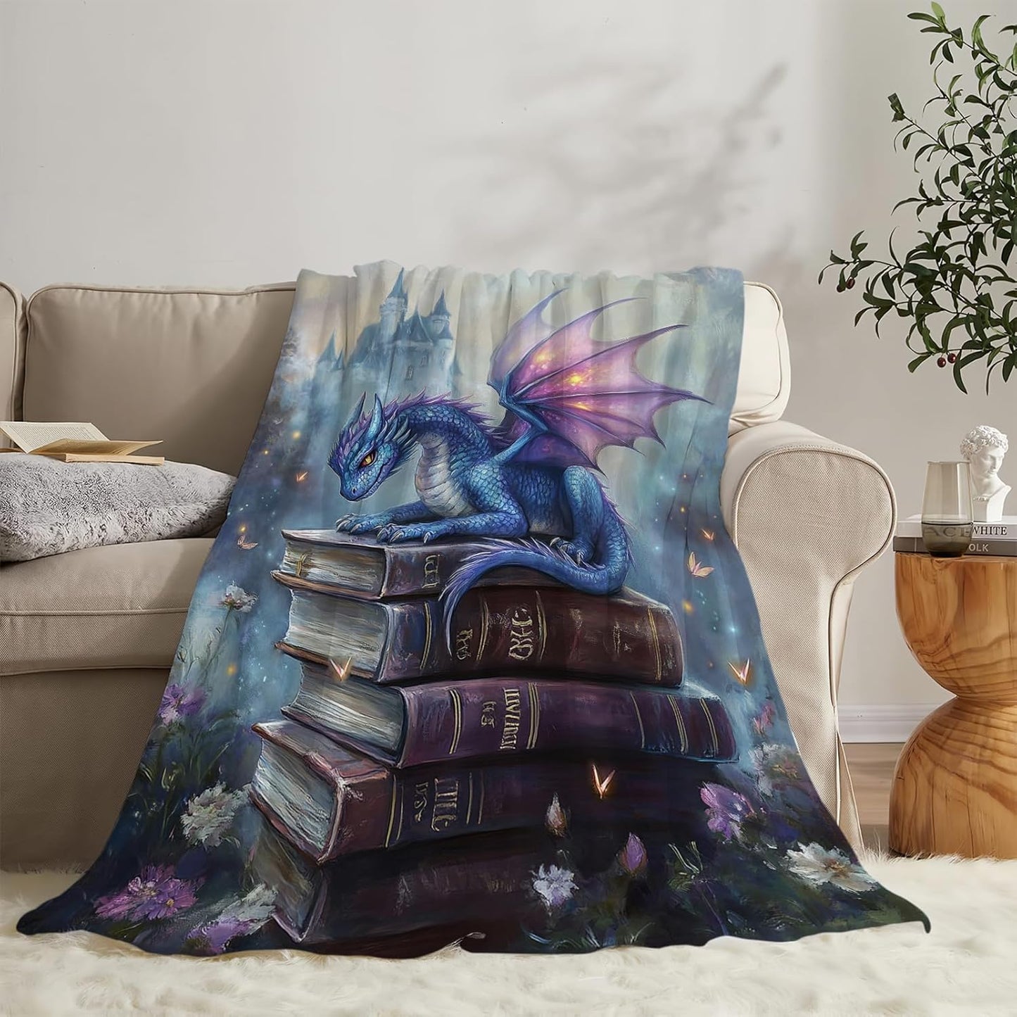 Dragon Blanket, Book Throw Blanket, Dragon Gifts, Reading Blankets, Dragons Stuff Fleece Flannel Plush for Women Men Boys Girls Lovers Adults Soft Bedding for Sofa Bed Office Home Decor 40"X50"