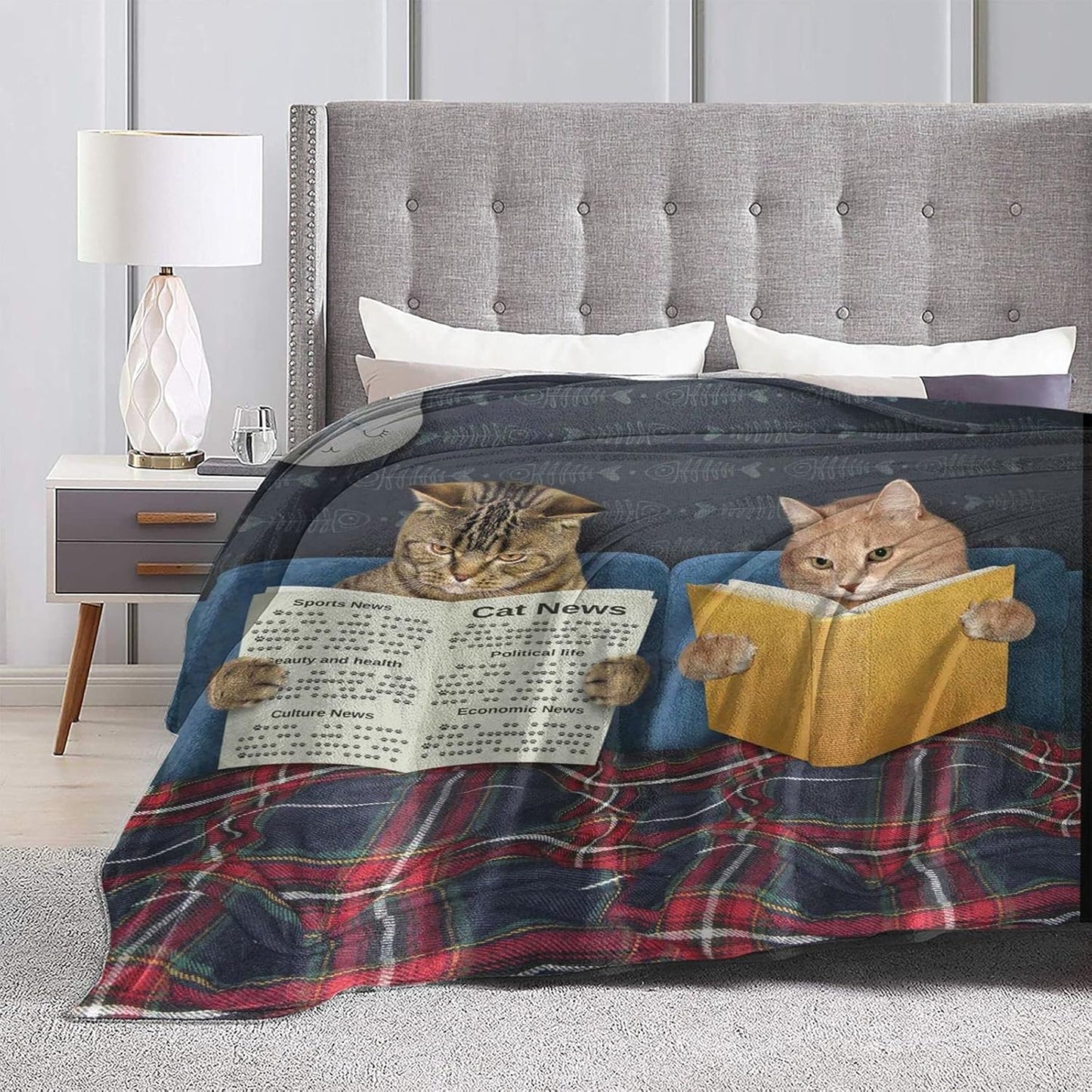 Cute Cat Blanket Two Cats are Reading in Bed Throw Blankets for Kids Teens Adults,Cozy Flannel Super Soft Lightweight Fluffy Sofa Office Fleece Plush Blanket - Funny Animal 50"x40"