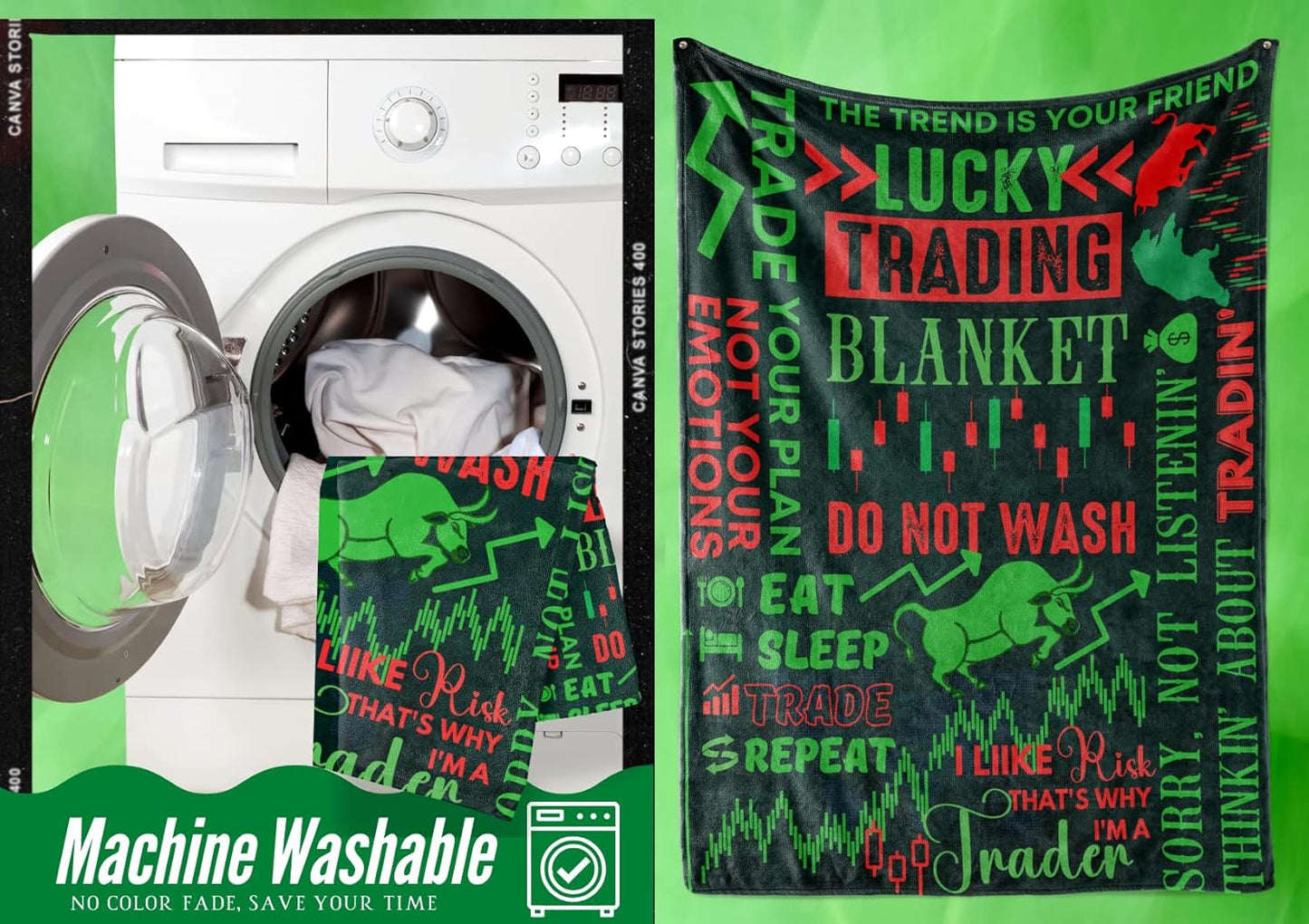 InnoBeta Stock Market Gifts, Lucky Trading Blanket for Men and Women, Flannel Throw Blanket for Trader, Broker, Financial Advisor, Investor, Green, 50x65 Inches