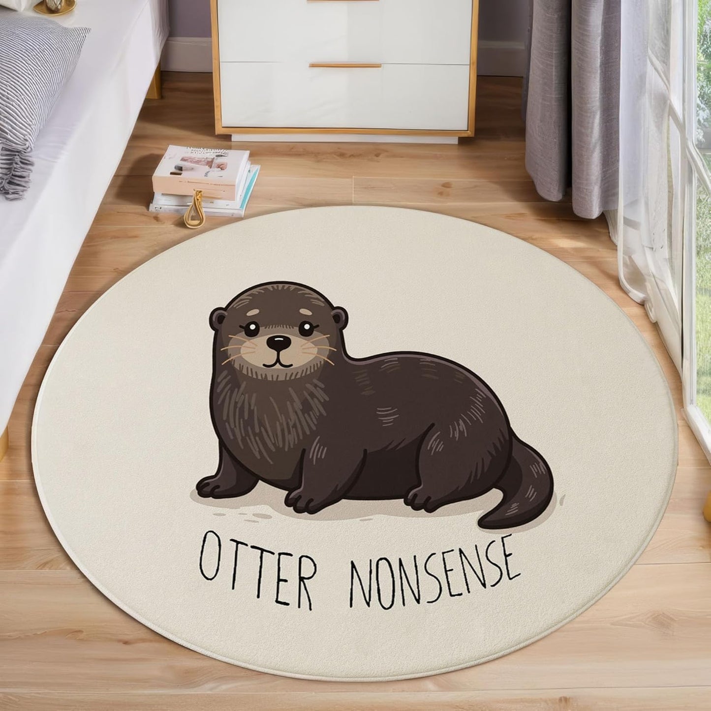 Modern Round Area Rug for Living Room, 5.25Ft Washable Round Rug Beige Fun Otter Letters Circle Rugs for Dining Room Table, Cartoon Animals Small Circular Floor Carpet for Bedroom