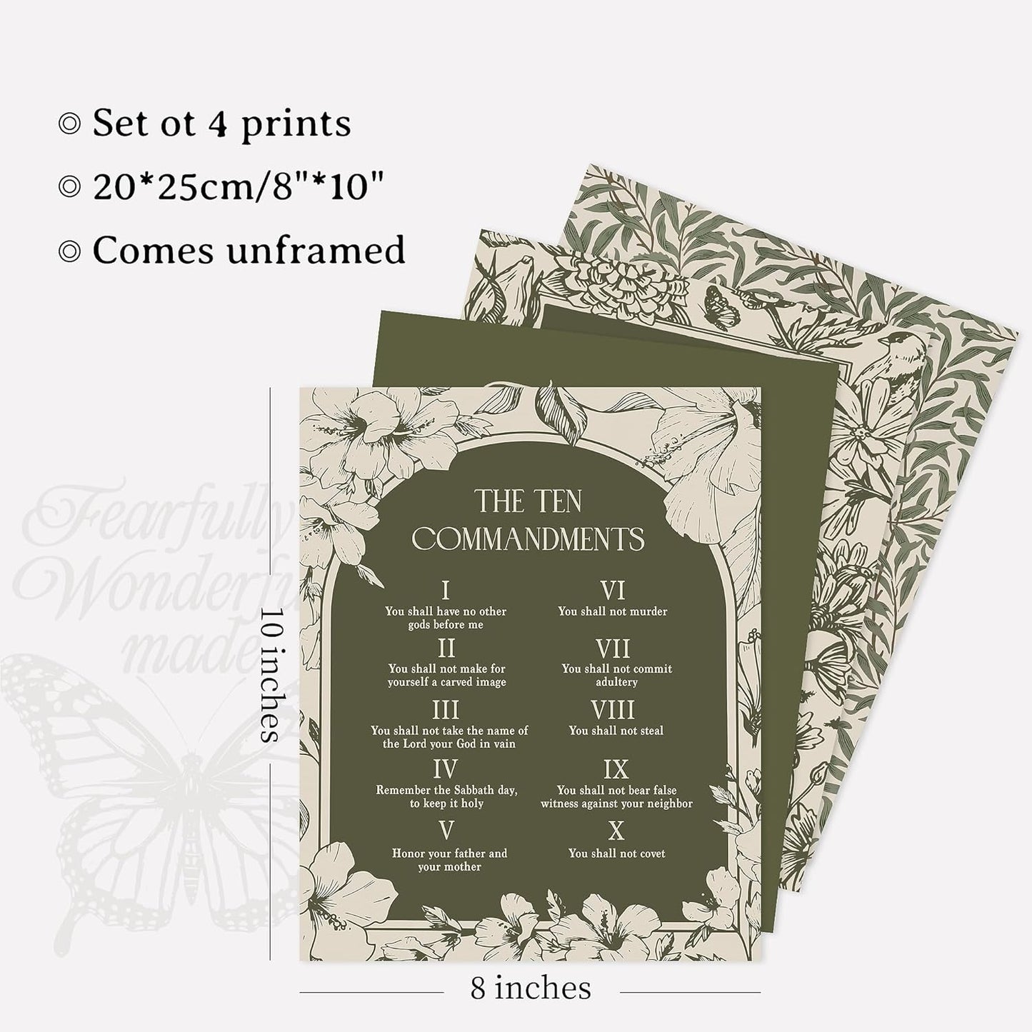 seersillus Sage Green Christian 10 Commandments Wall Art Prints, Cottagecore Vintage Botanical Bible Verse Decor, 8×10 Inches Unfamed