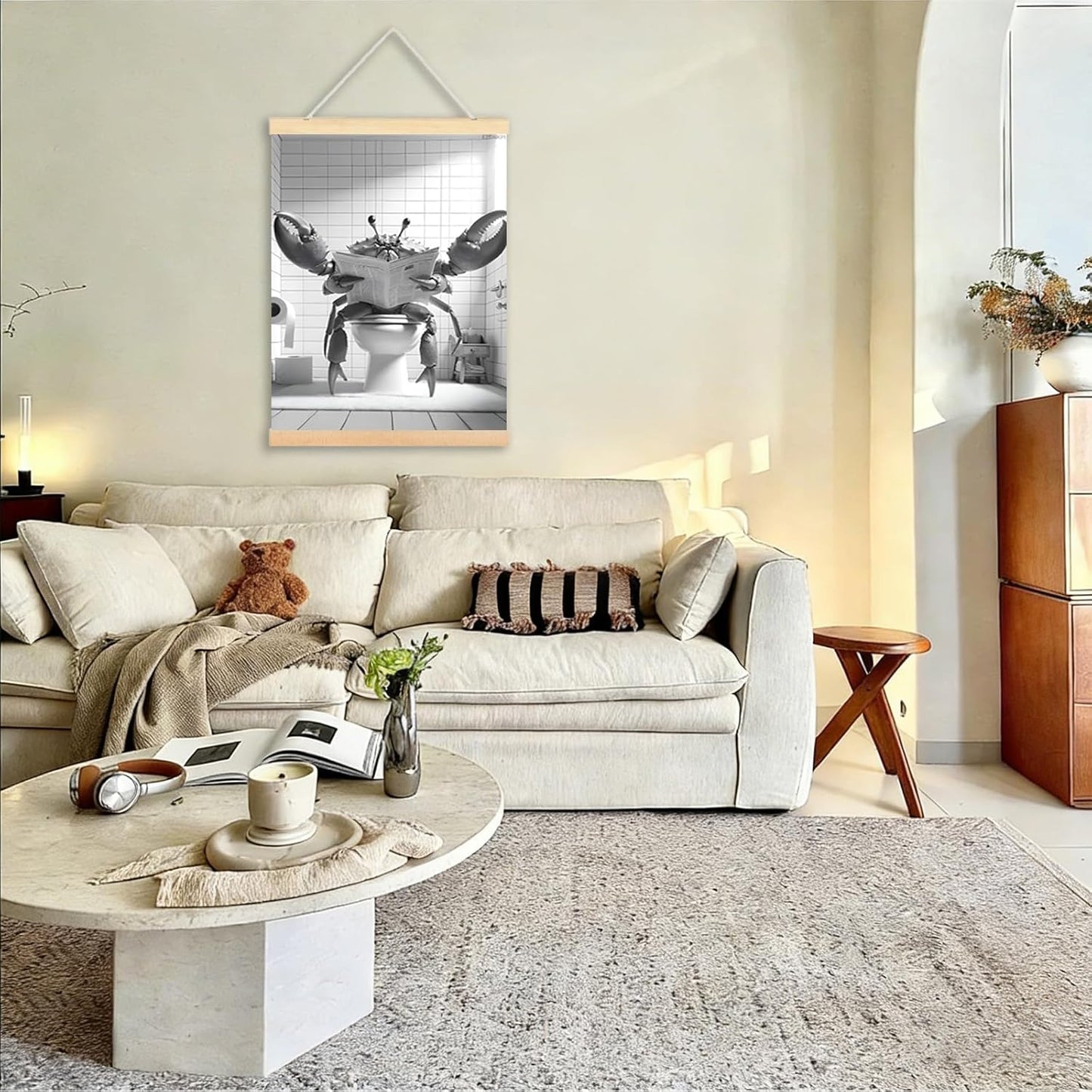 Funny Crab Art Mural Crab Reading Newspaper in the Toilet Black-and-White Bathroom Wall Decor Framed 24x36 Inch