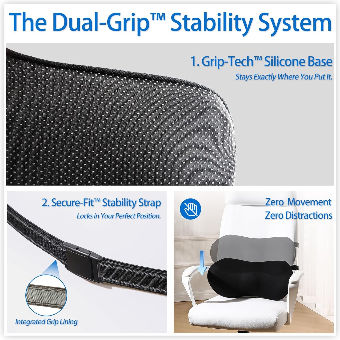 Lumbar Support Pillow for Car with Dual-Grip™ Stability System - Advanced Adaptive Memory Foam Back Pillow for Lower Back Pain Relief, Ergonomic Driving Seat & Office Chair Cushion, Black