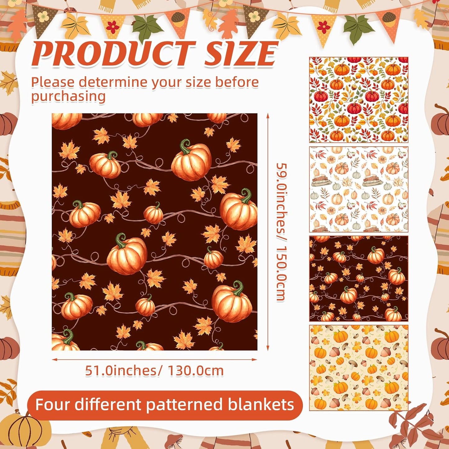 4 Pack Fall Blanket Bulk Pumpkin Throw Blanket Maple Leaf Autumn Harvest Flannel Blankets Warm Lightweight Soft Cozy Thanksgiving Fall Plush Blankets for Couch Sofa Bedroom 51"x59"