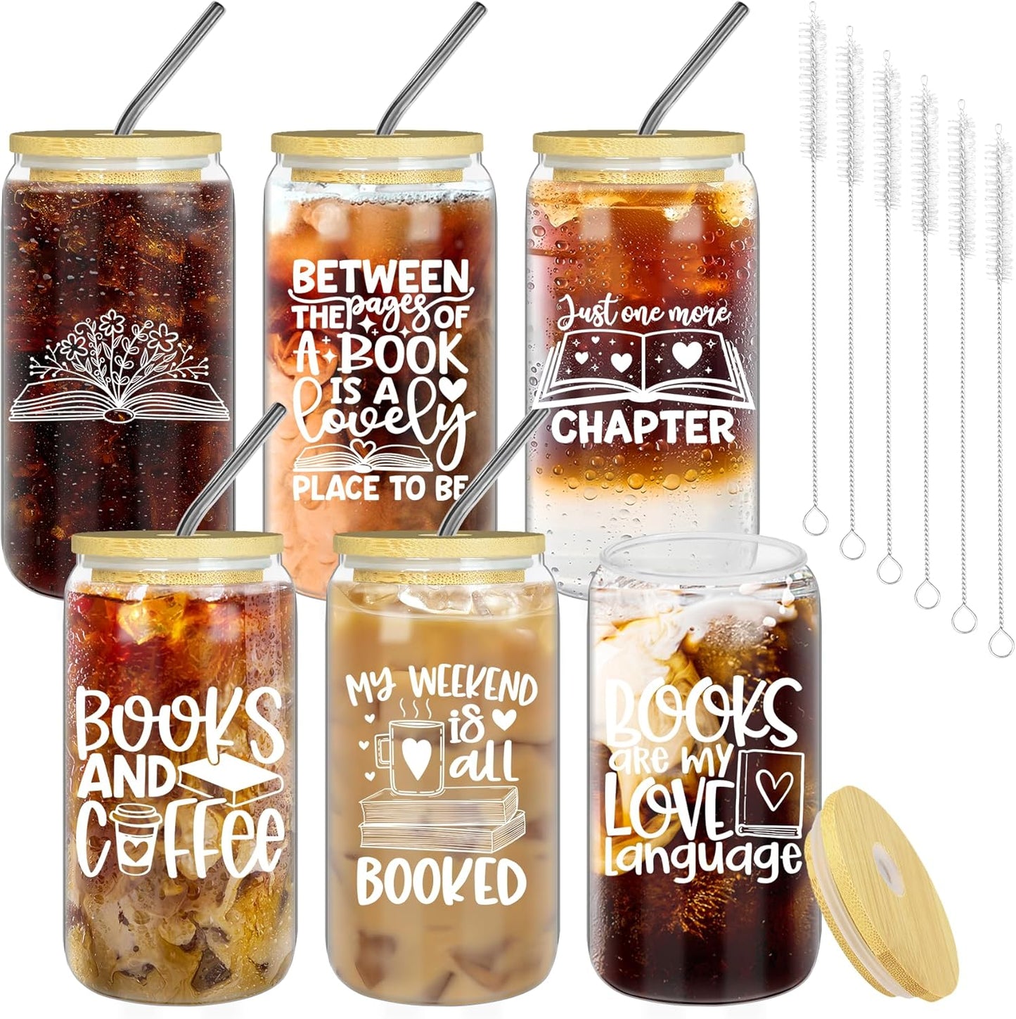 6 Pcs Book Club Cups Gifts Set for Women Bulk Book Lovers Bookish Librarian Reader Party Glasses With Lids Straws 16 Oz Can Shape Coffee Mason Jars Thank You Appreciation