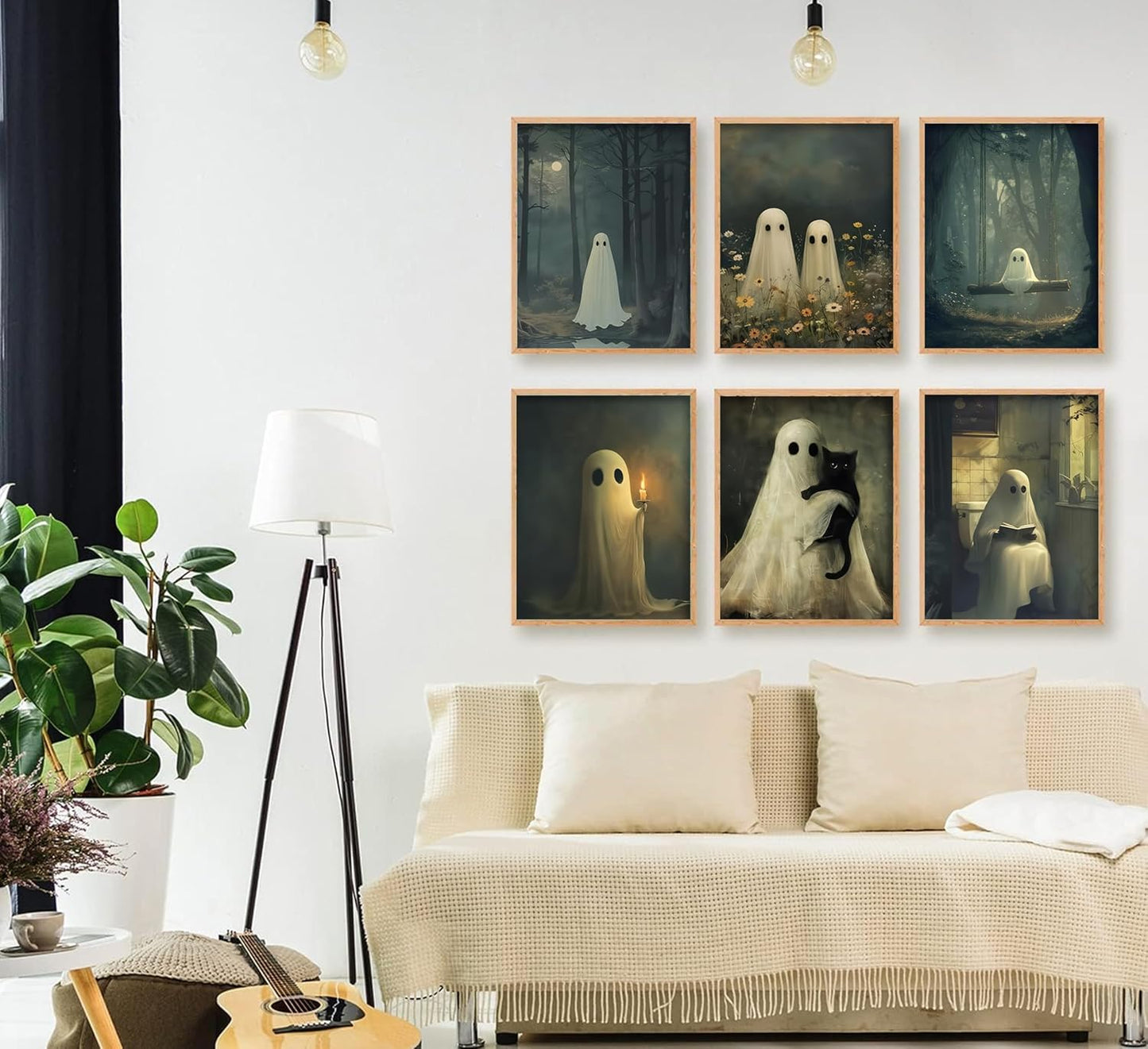 6Pcs Vintage Halloween Ghost Wall art Victorian Gothic Cute Candle Ghost Painting Picture Wall Decor Retro Horror Creepy Dark Academia Poster Print Artwork for Halloween Party Home Decoration