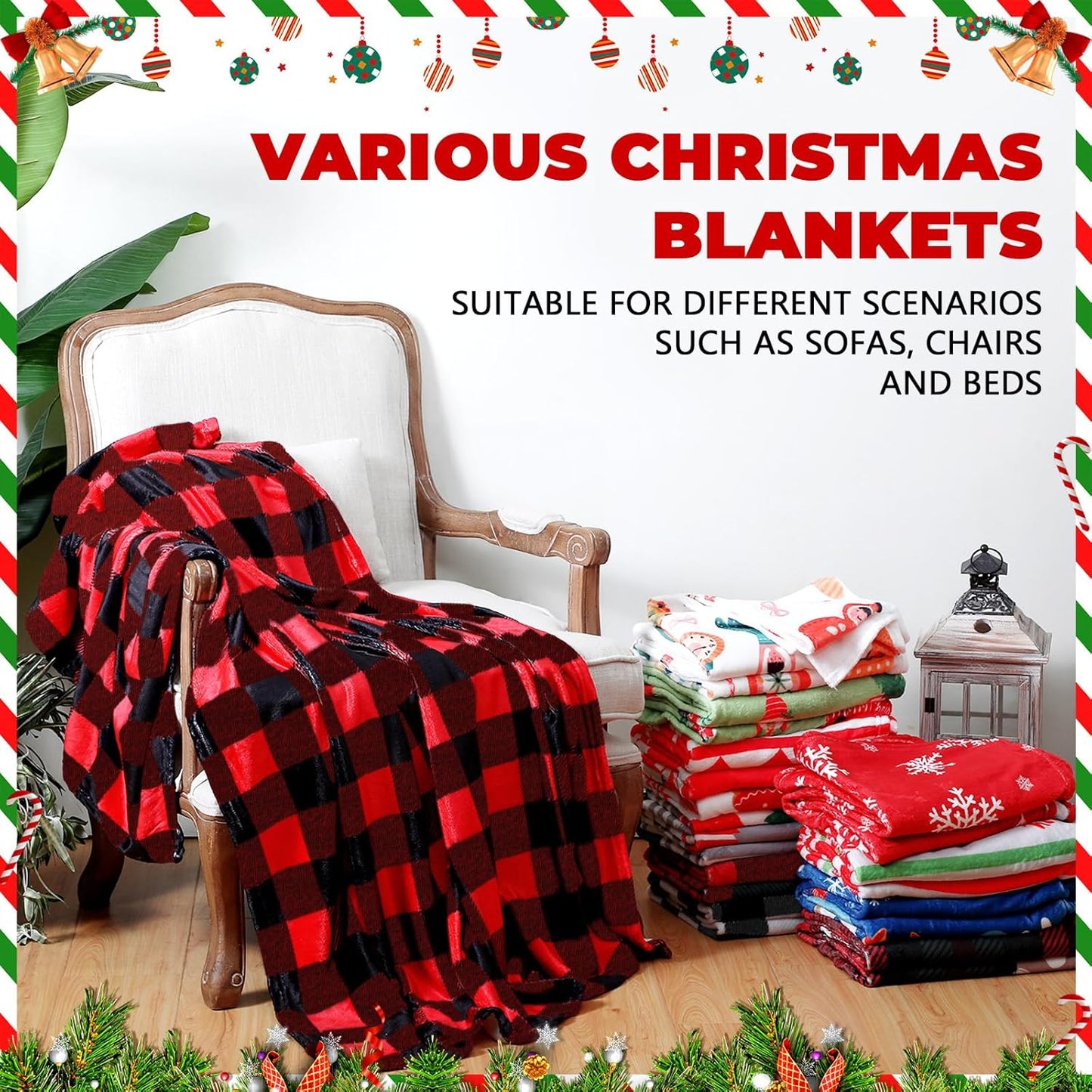 Newwiee 12 Pack Christmas Throw Blanket Buffalo Plaid Prints Fleece Blanket Bulk 50 x 60 Inch Xmas Plush Warm Holiday Flannel Blankets and Throws for Xmas Home Couch Bed Winter Gift Homeless Supplies