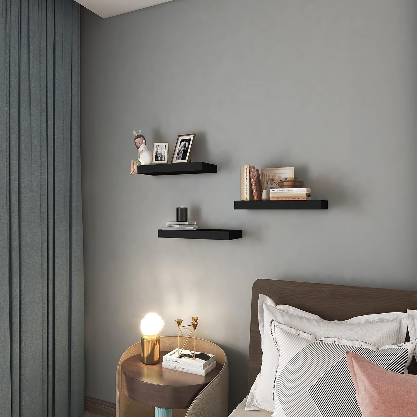 Floating Shelves for Wall Storage, 15 inch Wall Mounted Shelves Set of 3, Wood Hanging Book Shelf for Living Room, Bathroom, Bedroom, Kitchen, Over Toilet Home Decor, Holder Display (Black)