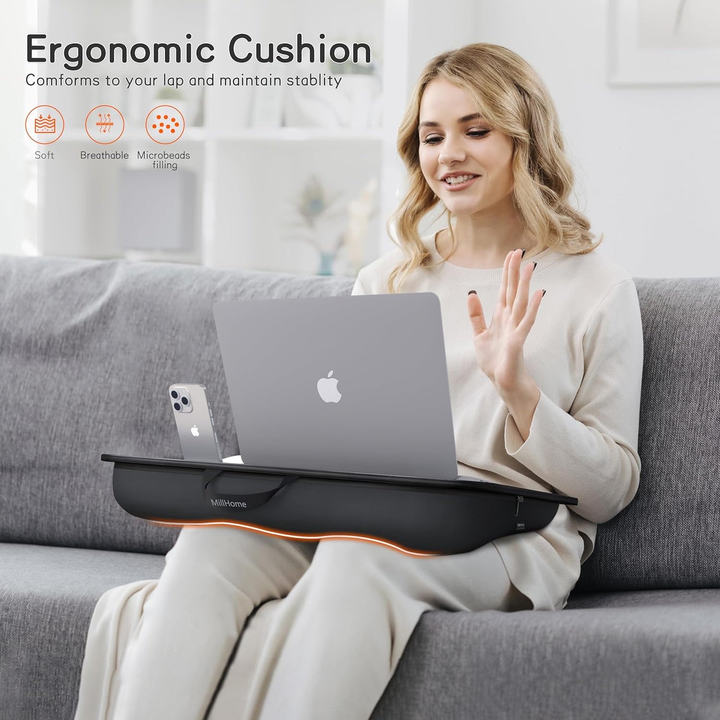 Millhome Lap Desk | Portable Laptop Desk – Fits Up to 17.3" Laptops – Washable Cushion, Adjustable Strap, Phone Holder – Ideal for Short Road Trips or Writing, Working, Reading on Bed, Couch – Black