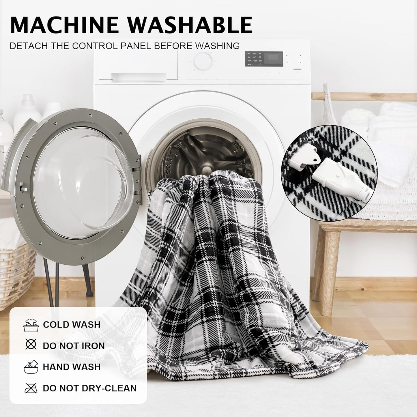 Electric Blanket Wearable Heated Shawl with Hood & Pockets – 6 Heat Levels, 4H Auto-Off, Reversible Flannel & Sherpa, Cozy Plaid Heated Throw for Home, Couch, or Gift, 40"x70", Black & Grey