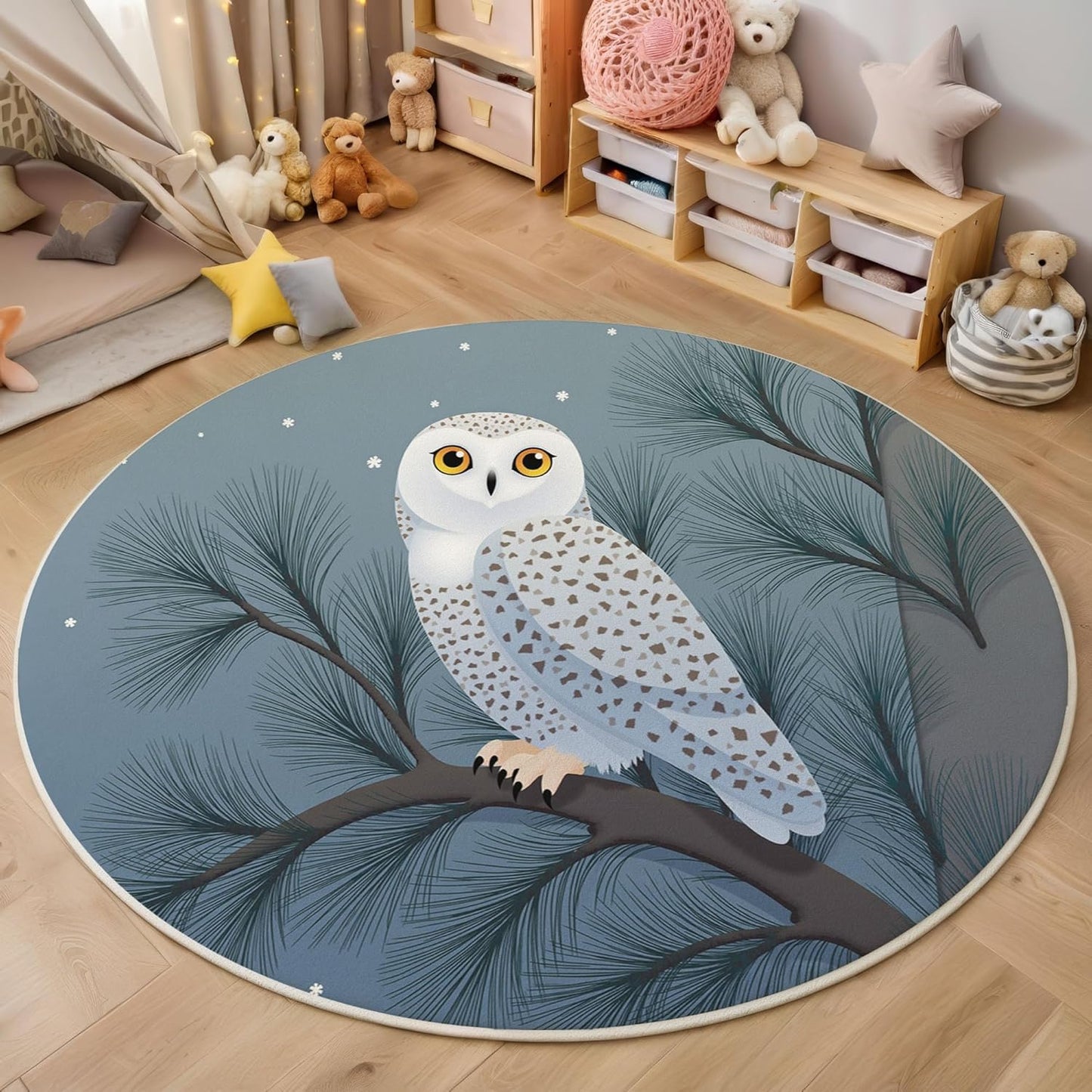Washable Cartoon Snowy Owl Tree Branch Area Rug, 2Ft Round Rugs for Living Room Soft Carpet for Bedroom Natural Animals Indoor Stain Resistant Non-Shedding Floor Carpet, Blue Gray, 2Ft-Round