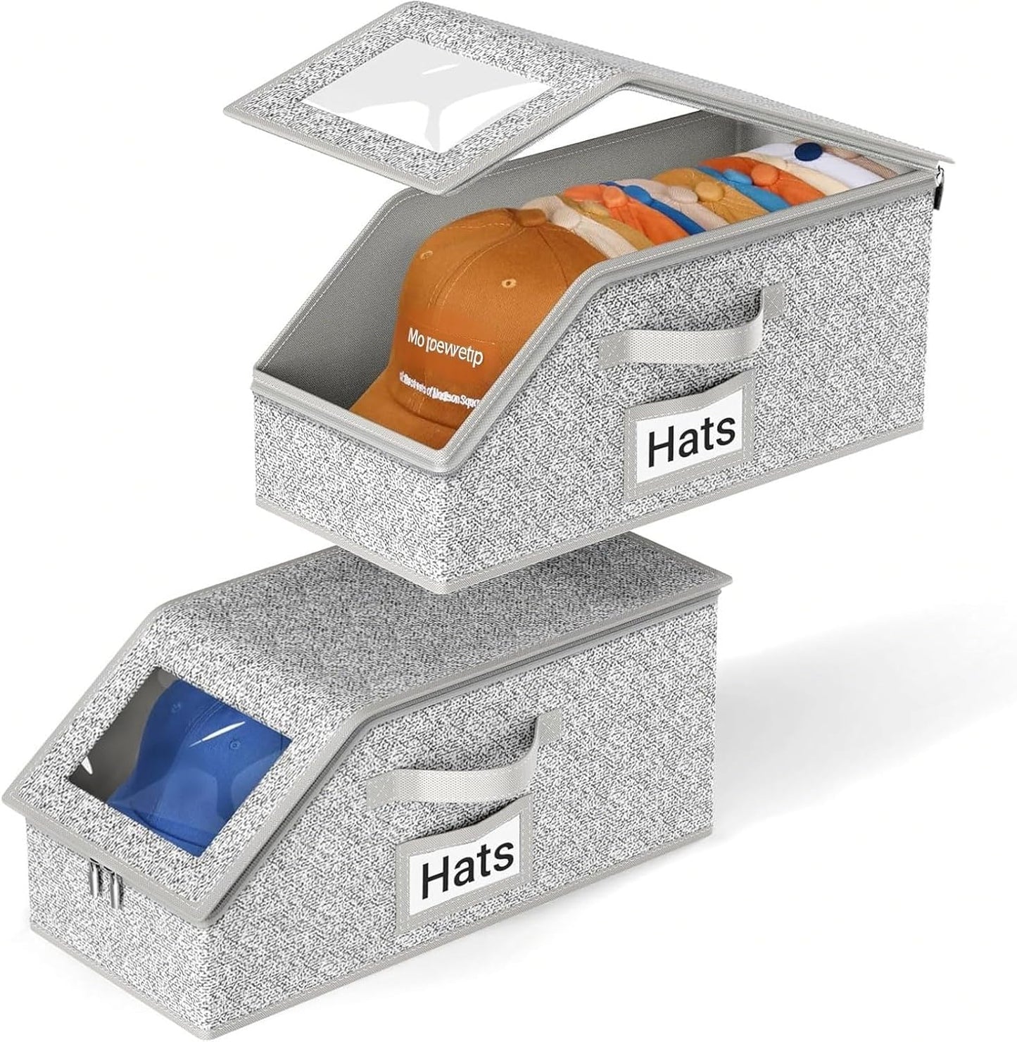 Stackable Hat Storage Organizer – 2-Pack Clear Window Cap Box, Holds 24 Baseball Caps, Snapbacks & Beanies, Grey Fabric