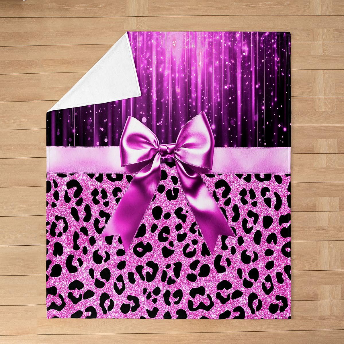 Feelyou Pink Purple Leopard Fleece Throw Blanket Cute Bow Flannel Blanket Plush Fuzzy Sweet Animal Pattern for Bed Couch Chair Living Room Coquette Aesthetic Queen 90"x90" Bedroom Decor