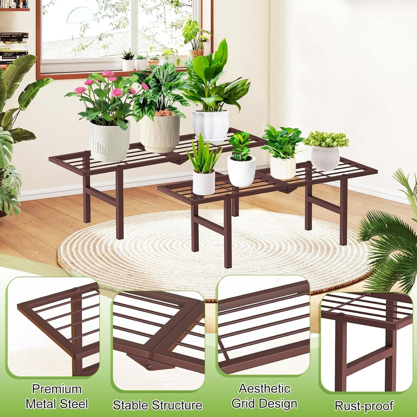 2 Pack Metal Plant Stand Outdoor Indoor, 1 Tier Folding Tiered Flower Plant Shelf, Heavy Duty Ladder Multiple Pot Display Plant Rack for Patio Garden Balcony Windowsills, Brown