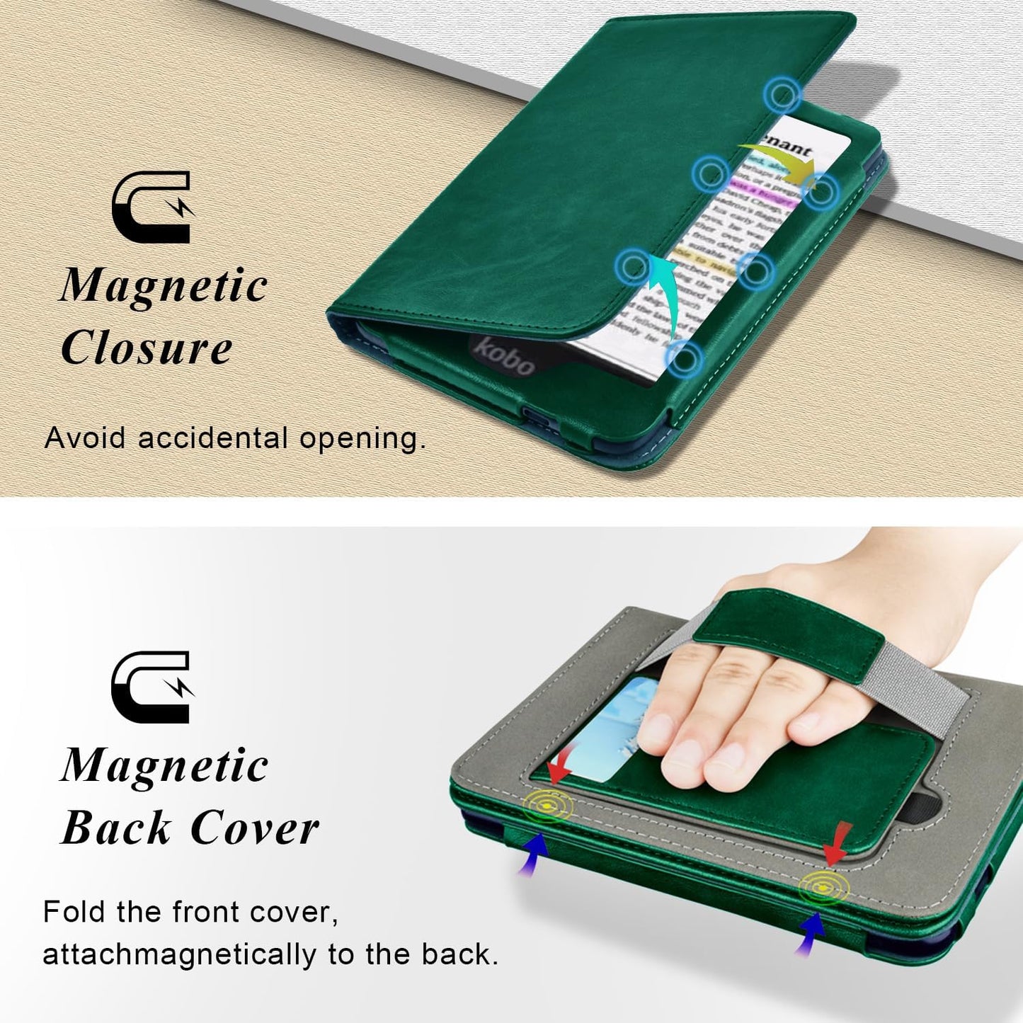 Stand Case for 6" Kobo Clara Colour/Clara BW (2024)/Clara 2E (2022)/Tolino Shine Color/Shine 5/Shine 4,Durable PU Leather Cover with Auto Sleep Wake, Card Slot, Hand Strap Feature,Midnight Green
